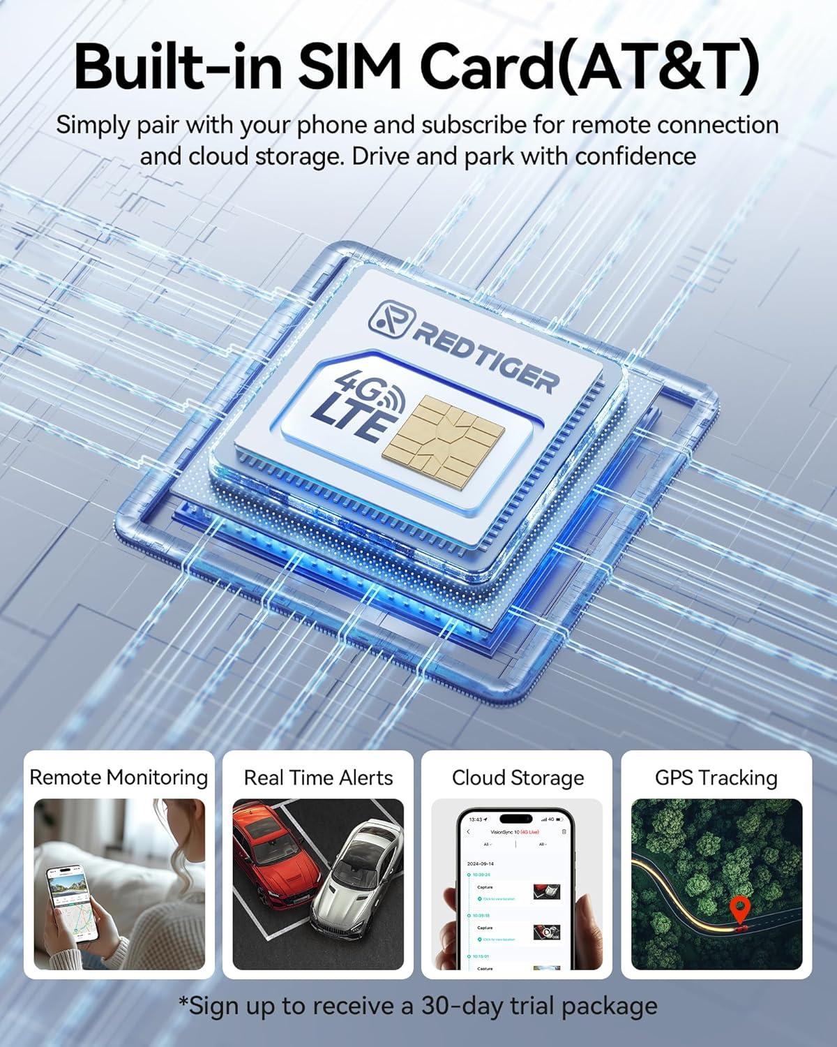 imageREDTIGER 4G LTE Dash Cam Front and RearRemote Live Stream 30Day Cloud Storage 25K  1080P Emergency Alert GPS Builtin SIM ATampampT Parking Monitor 32GB Card ampamp Hardwire Kit Included VS10