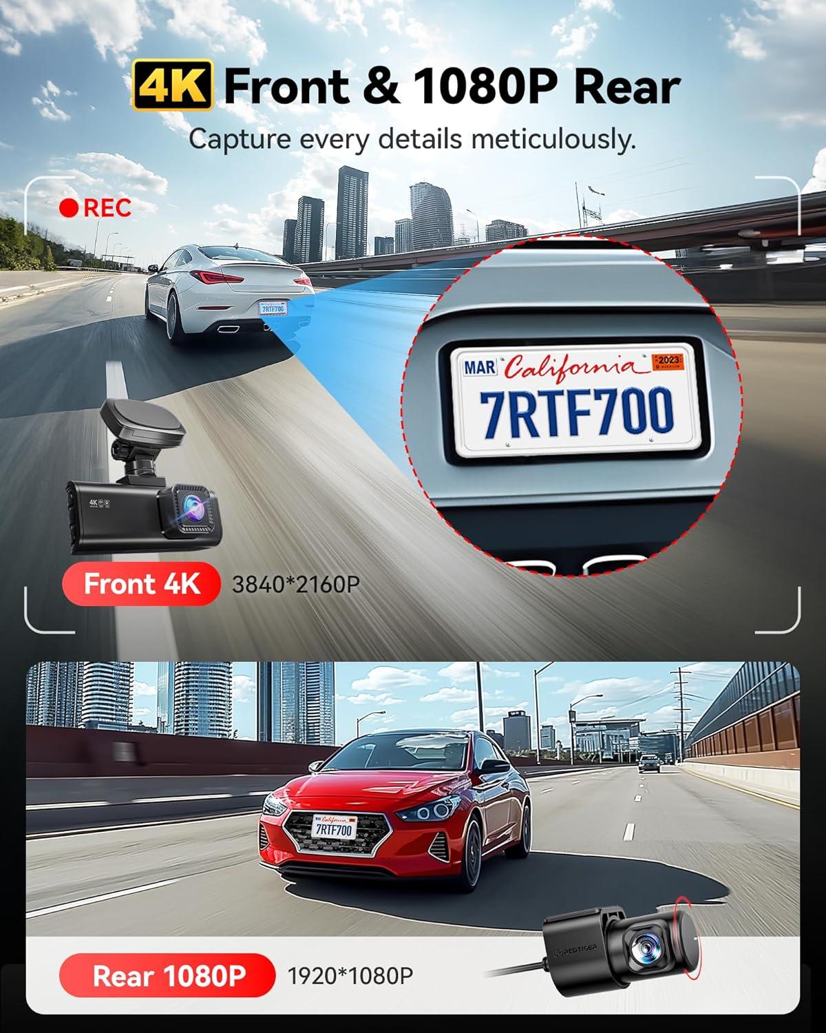 imageREDTIGER 4K Dash Cam Front and Rear STARVIS 2 Sensor 64GB Card Included 4K25K1080P Dual Dash Camera for Cars Builtin WiFi GPS 318 Inch IPS Screen 170 Wide Angle Parking Monitor F7N Pro