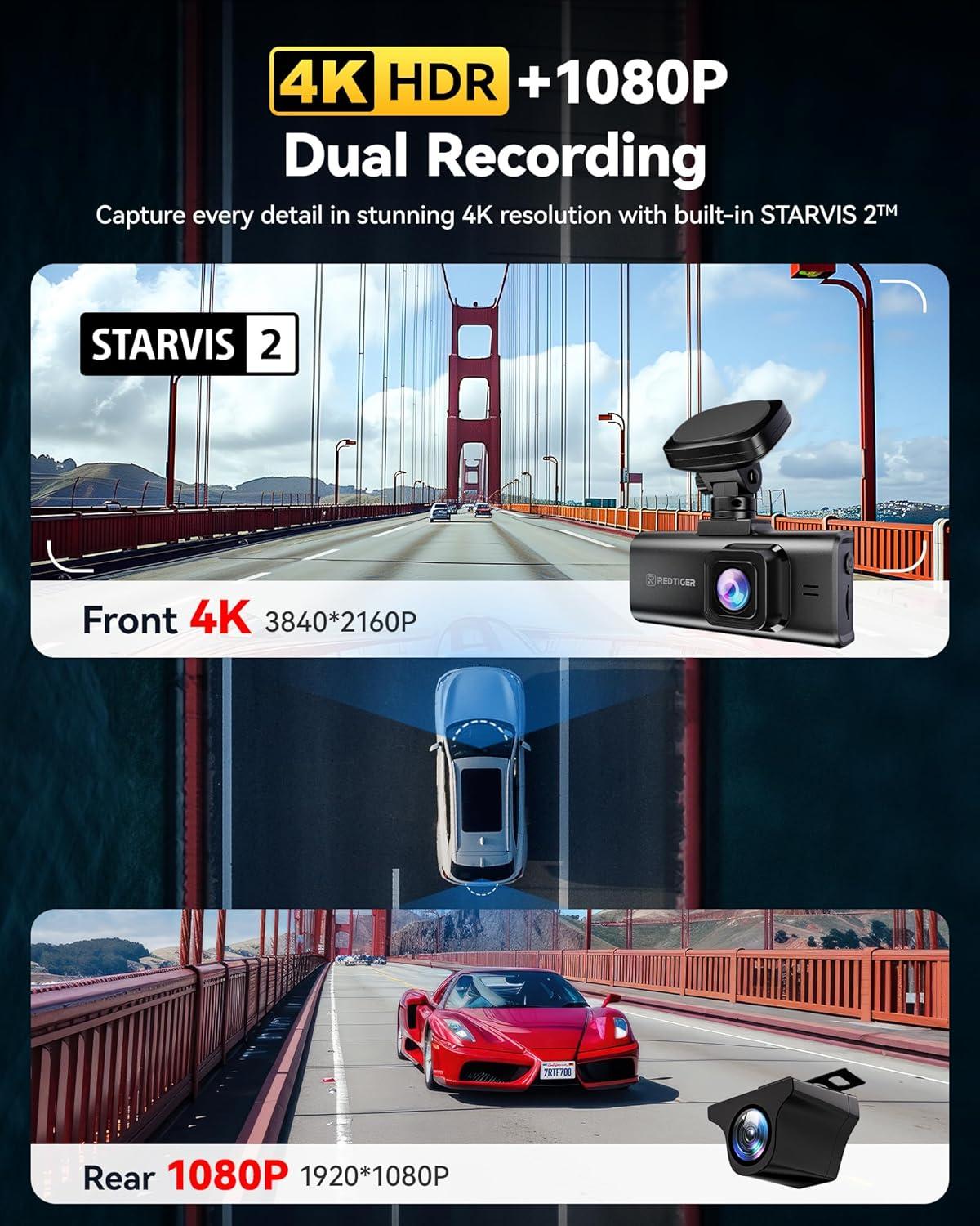 imageREDTIGER 4K HDR Dash Cam Front and Rear STARVIS 2 Sensor 58GHz WiFi APP 318quot Touchscreen Voice Control 128G Card Included WDR Dash Camera for Cars with GPS 24H Parking ModeF7N Elite