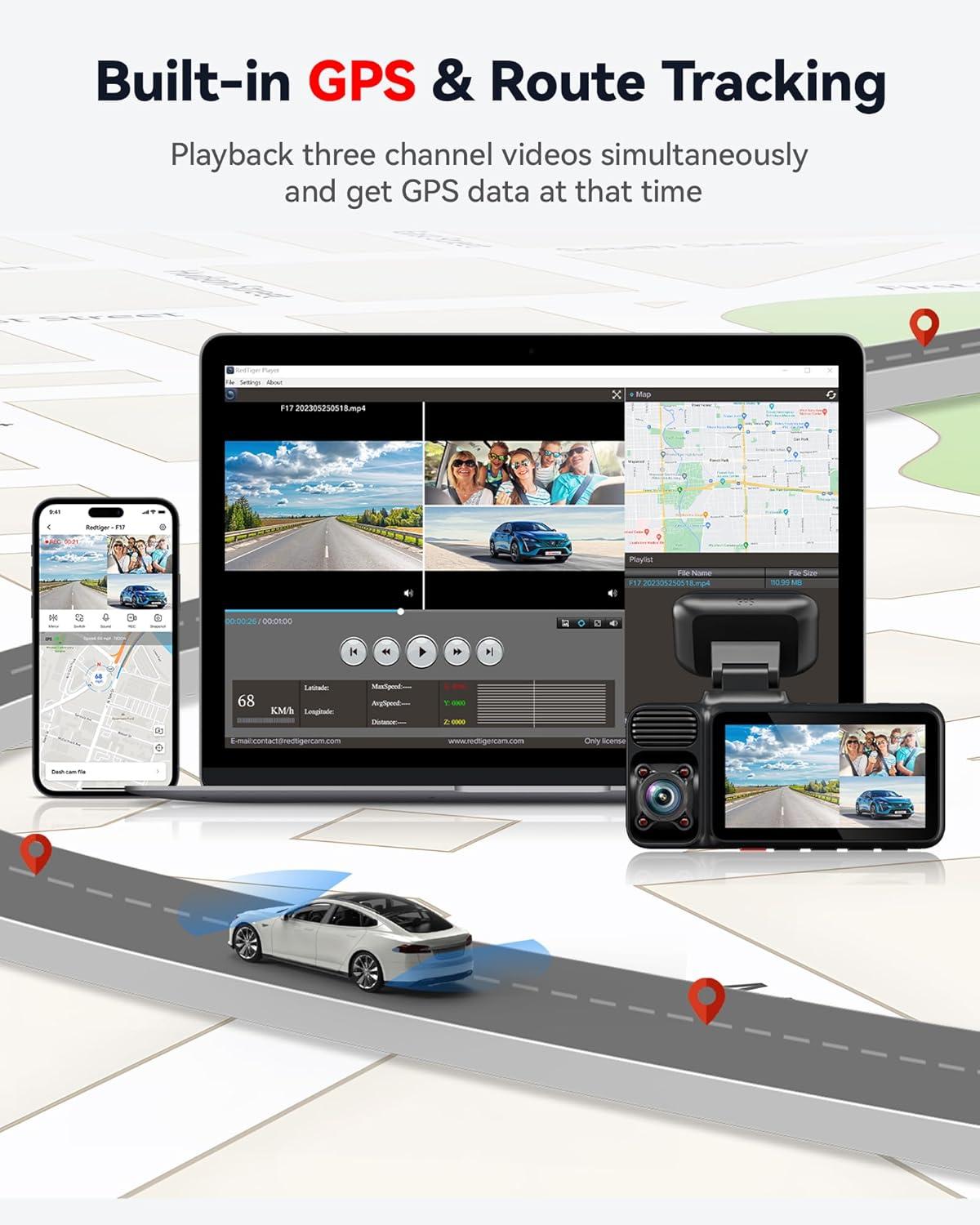 imageREDTIGER F17 4K 3 Channel Dash Cam 5GHz WiFi Builtin GPS with 64GB Card 2160P1080P1080P Front and Rear Inside Triple Car Camera with 3 Inch Screen IR Night Vision G Sensor WDR Parking Mode