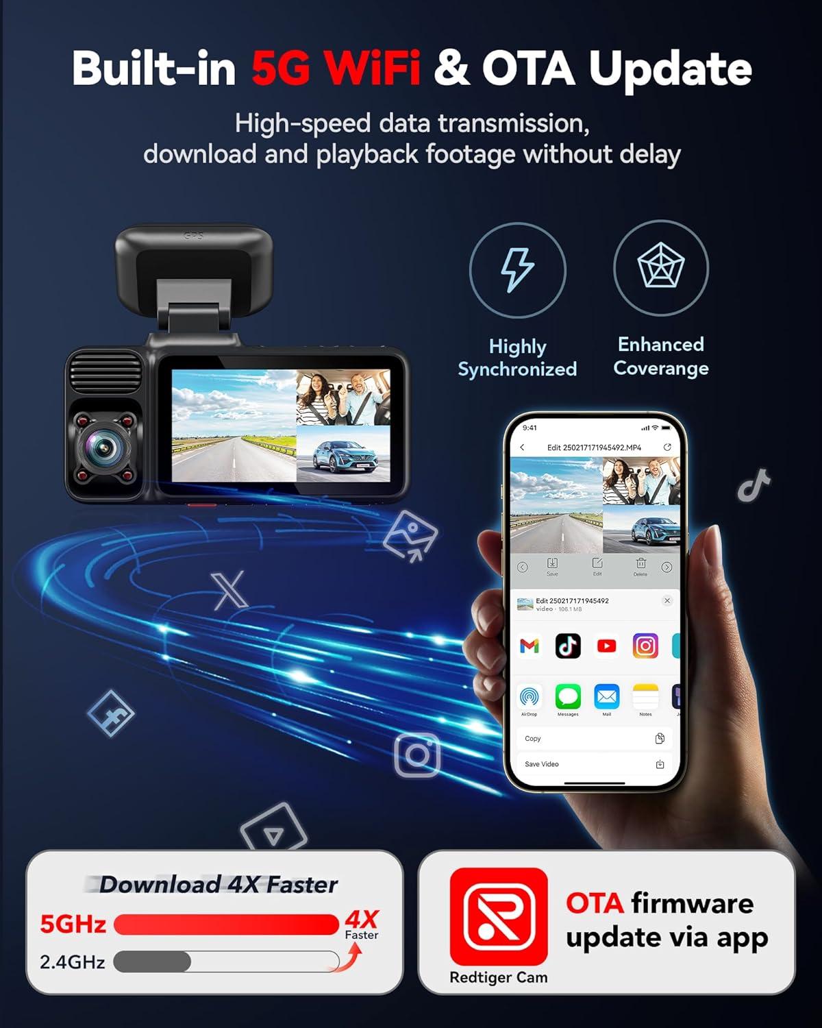 imageREDTIGER F17 4K 3 Channel Dash Cam 5GHz WiFi Builtin GPS with 64GB Card 2160P1080P1080P Front and Rear Inside Triple Car Camera with 3 Inch Screen IR Night Vision G Sensor WDR Parking Mode