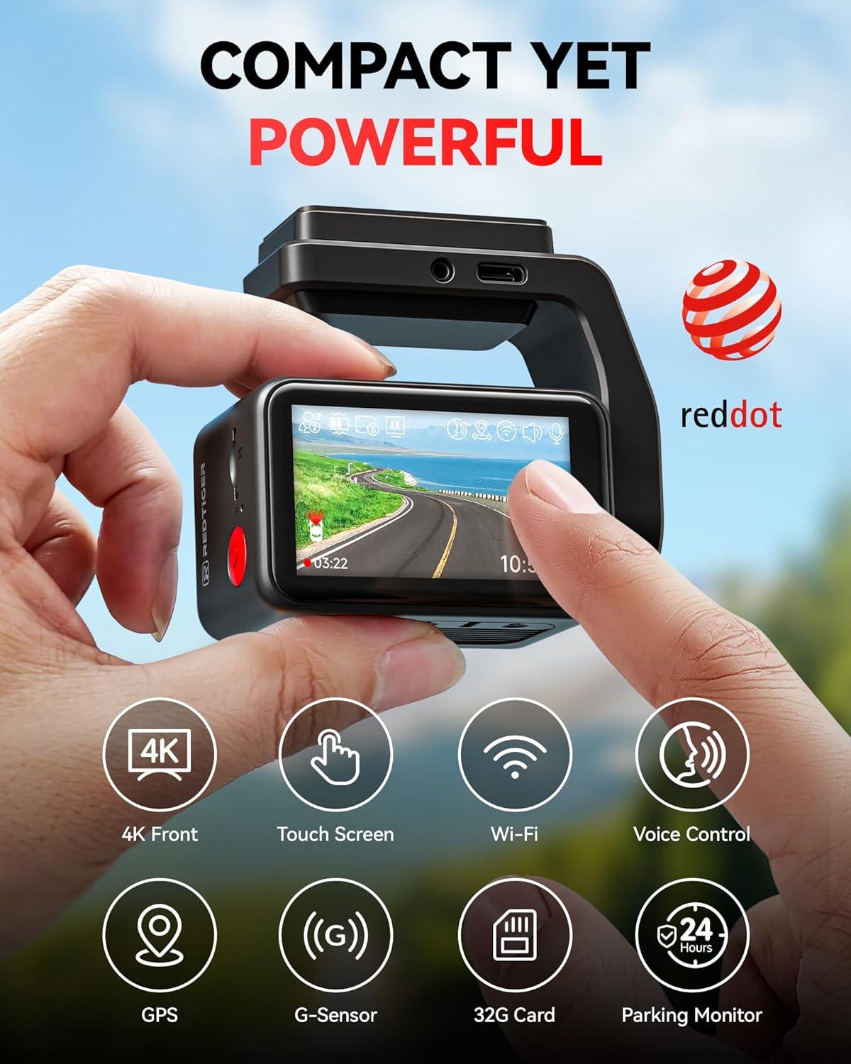 imageREDTIGER F4 4K Dash Cam Front 22 inch Mini Car Camera 2160P UHD Touch Screen Voice Control Included 32GB Card Night Vision Builtin GPS WiFi APP Control Loop Recording 24H Parking Monitor