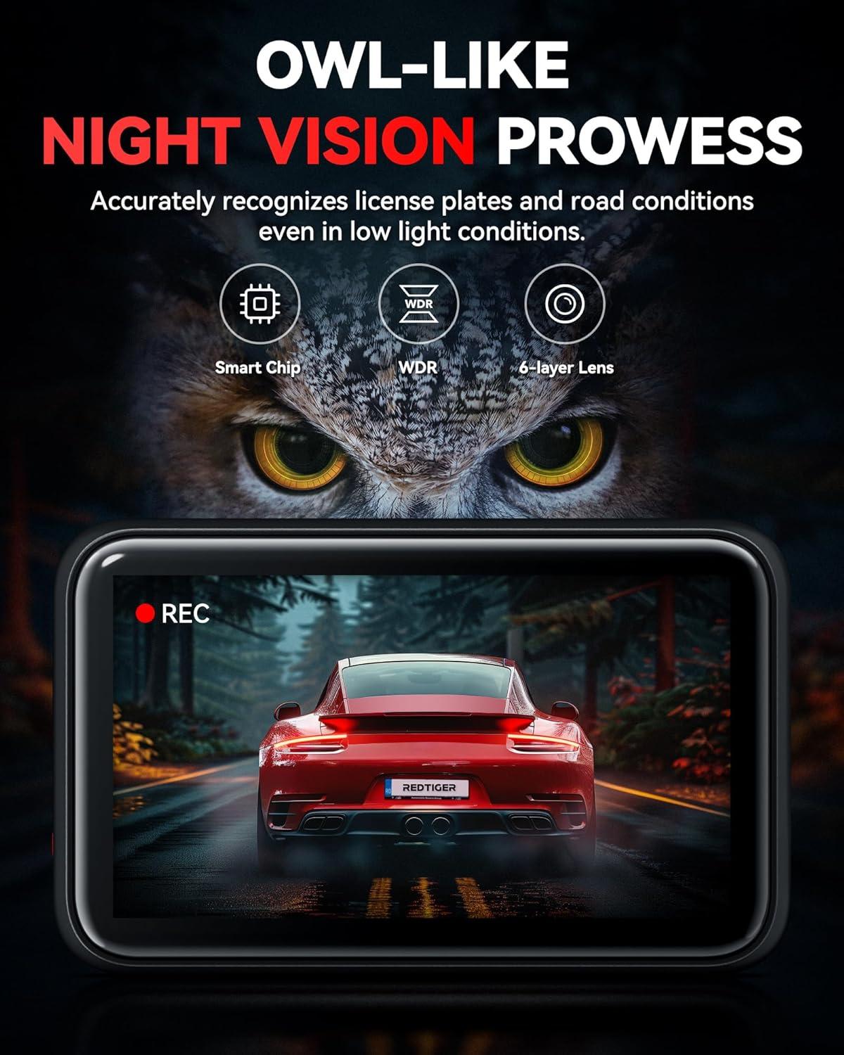 imageREDTIGER F4 4K Dash Cam Front 22 inch Mini Car Camera 2160P UHD Touch Screen Voice Control Included 32GB Card Night Vision Builtin GPS WiFi APP Control Loop Recording 24H Parking Monitor