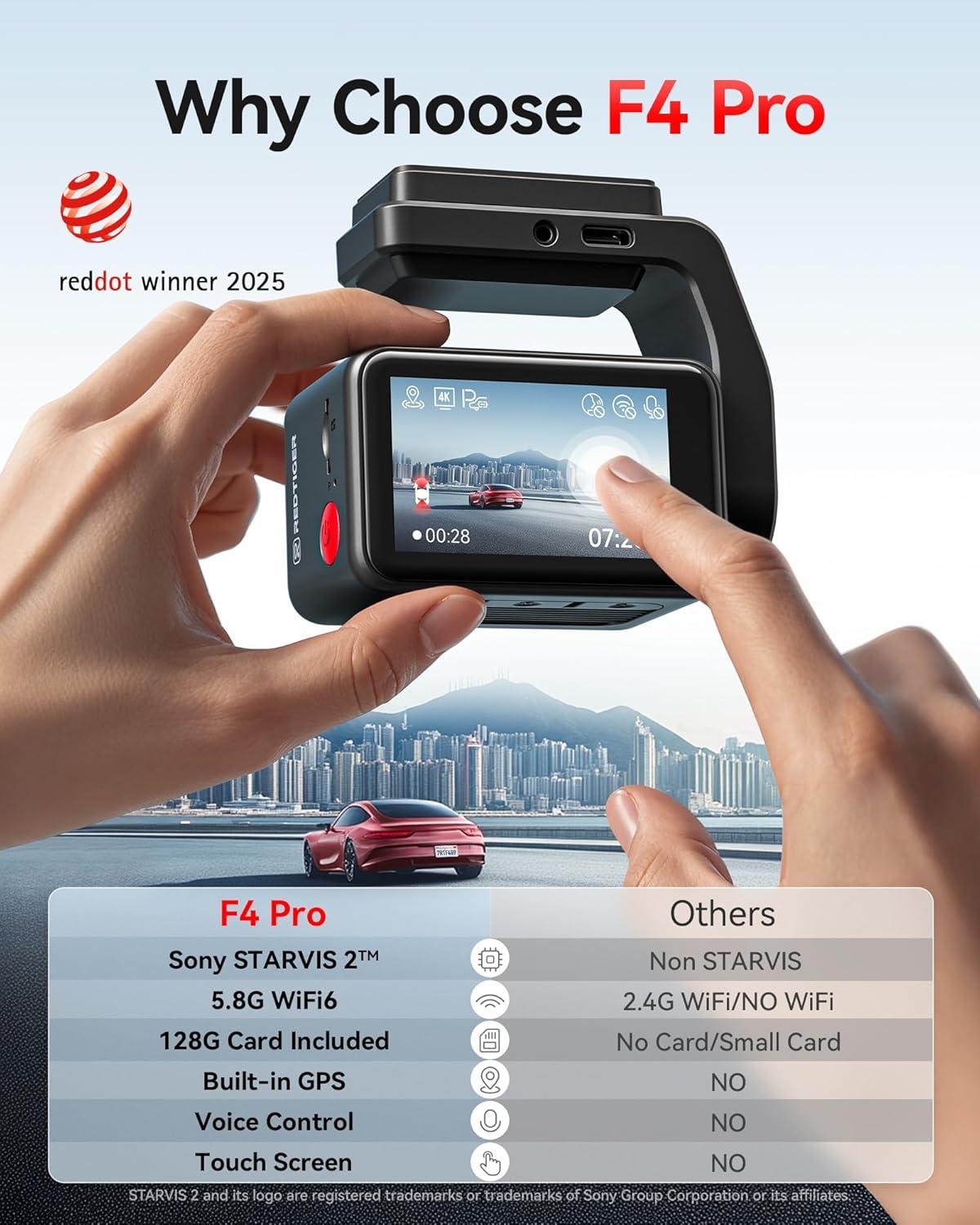 imageREDTIGER F4 Pro 4K Dash Cam Front and Rear STARVIS 2 Sensor 128GB Card Included Builtin 58GHz WiFi6 22inch Touch Screen Dash Camera for Cars Voice Control 24H Parking Mode