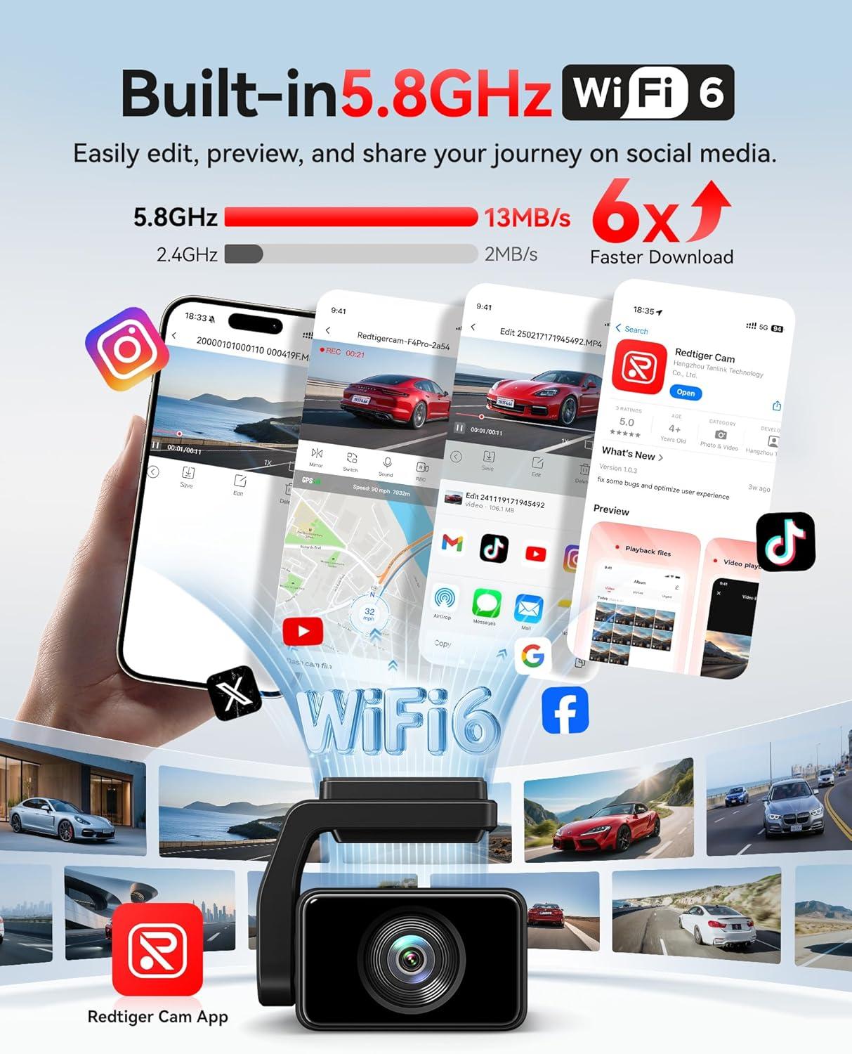 imageREDTIGER F4 Pro 4K Dash Cam Front and Rear STARVIS 2 Sensor 128GB Card Included Builtin 58GHz WiFi6 22inch Touch Screen Dash Camera for Cars Voice Control 24H Parking Mode