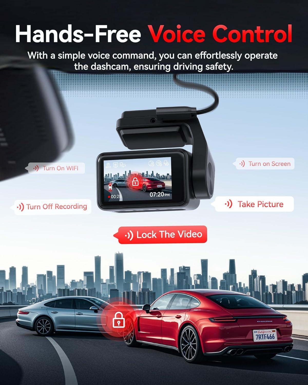 imageREDTIGER F4 Pro 4K Dash Cam Front and Rear STARVIS 2 Sensor 128GB Card Included Builtin 58GHz WiFi6 22inch Touch Screen Dash Camera for Cars Voice Control 24H Parking Mode