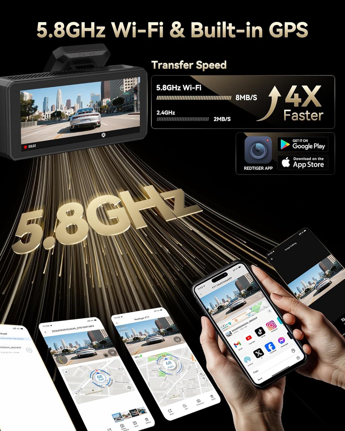 imageREDTIGER F77 4K4K Dash Cam Front and Rear Dual STARVIS 2 IMX678 HDR Builtin 128GB eMMC Voice Control Dash Camera for Cars with 58GHz WiFi 4 Touch Screen GPS Night Vision 24H Parking ModeF77 V1128GB eMMC