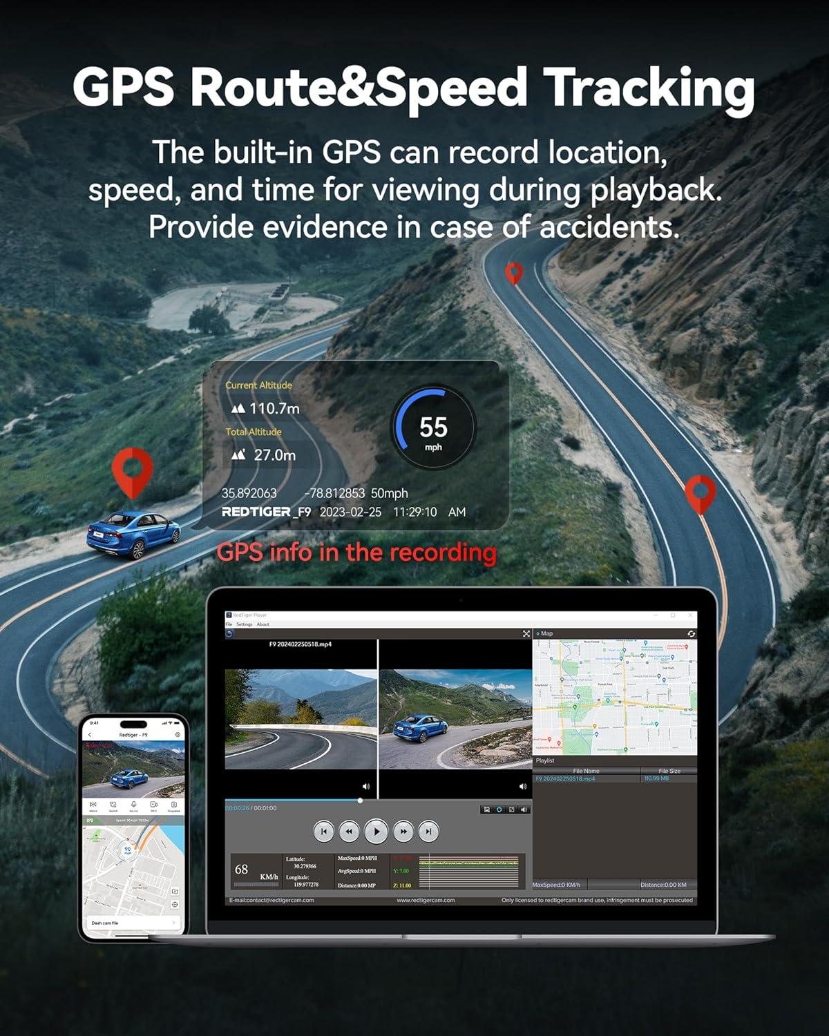 imageREDTIGER F9 Dash Cam 4K Front and Rear 1080P WiFi GPS Car Camera with 32GB Card Dual Dash Camera for Cars Loop Recording Night Vision Parking Mode Smart App Control Support 256GB Max