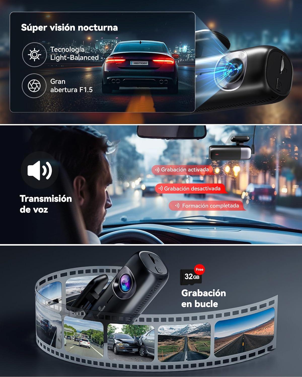 imageREDTIGER F9 Dash Cam 4K Front and Rear 1080P WiFi GPS Car Camera with 32GB Card Dual Dash Camera for Cars Loop Recording Night Vision Parking Mode Smart App Control Support 256GB Max