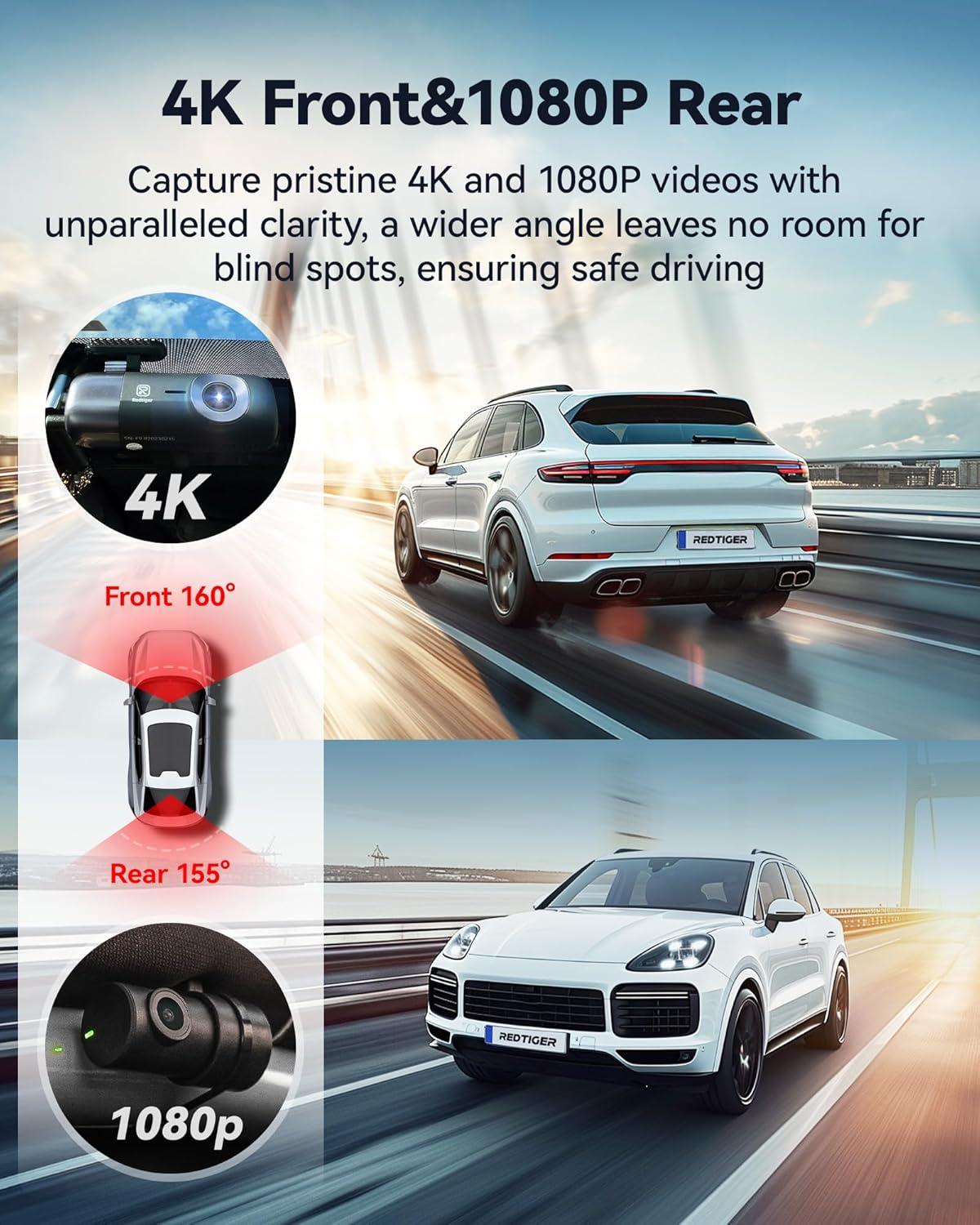 imageREDTIGER F9 Dash Cam 4K Front and Rear 1080P WiFi GPS Car Camera with 32GB Card Dual Dash Camera for Cars Loop Recording Night Vision Parking Mode Smart App Control Support 256GB Max
