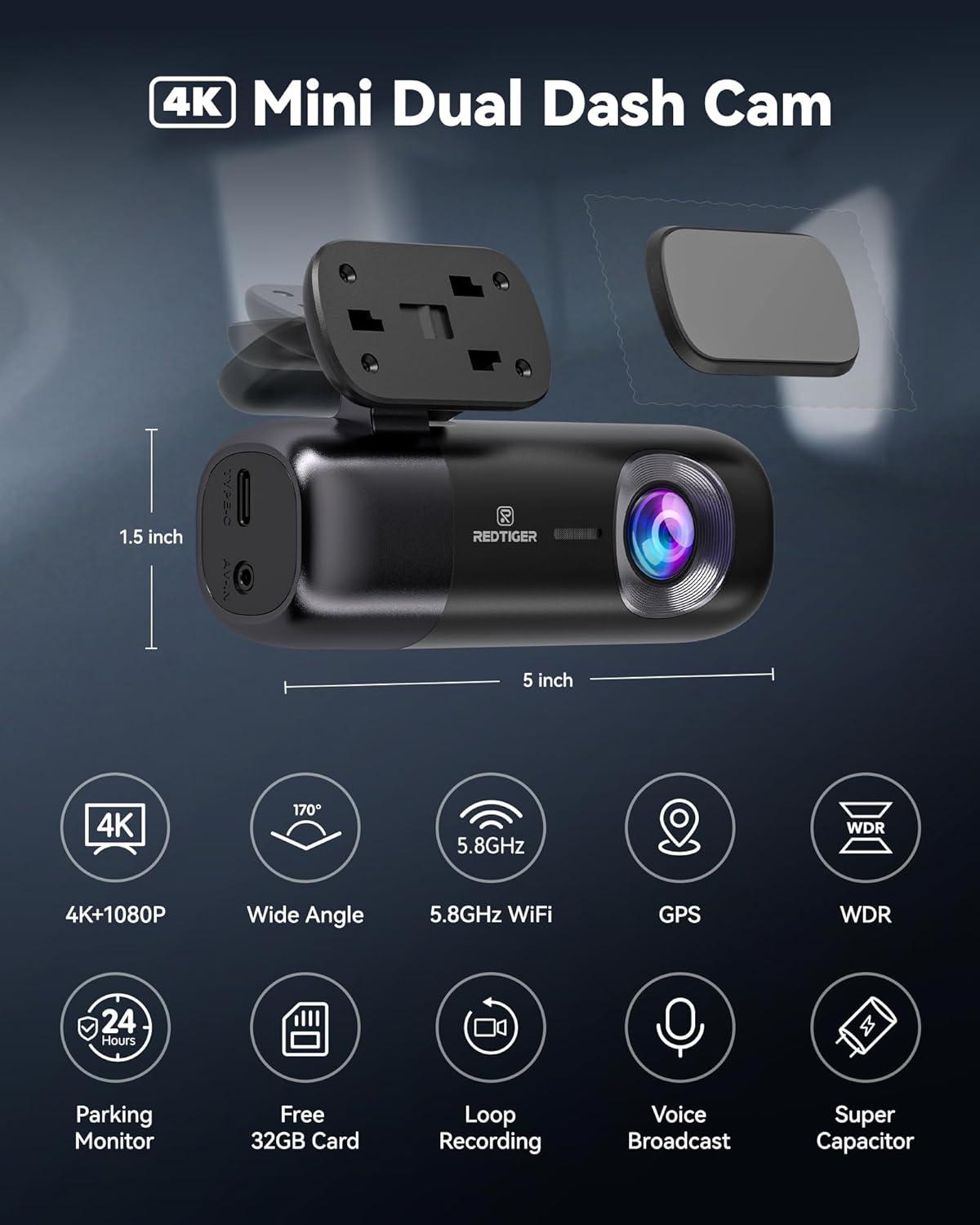 imageREDTIGER F9 Dash Cam 4K Front and Rear 1080P WiFi GPS Car Camera with 32GB Card Dual Dash Camera for Cars Loop Recording Night Vision Parking Mode Smart App Control Support 256GB Max