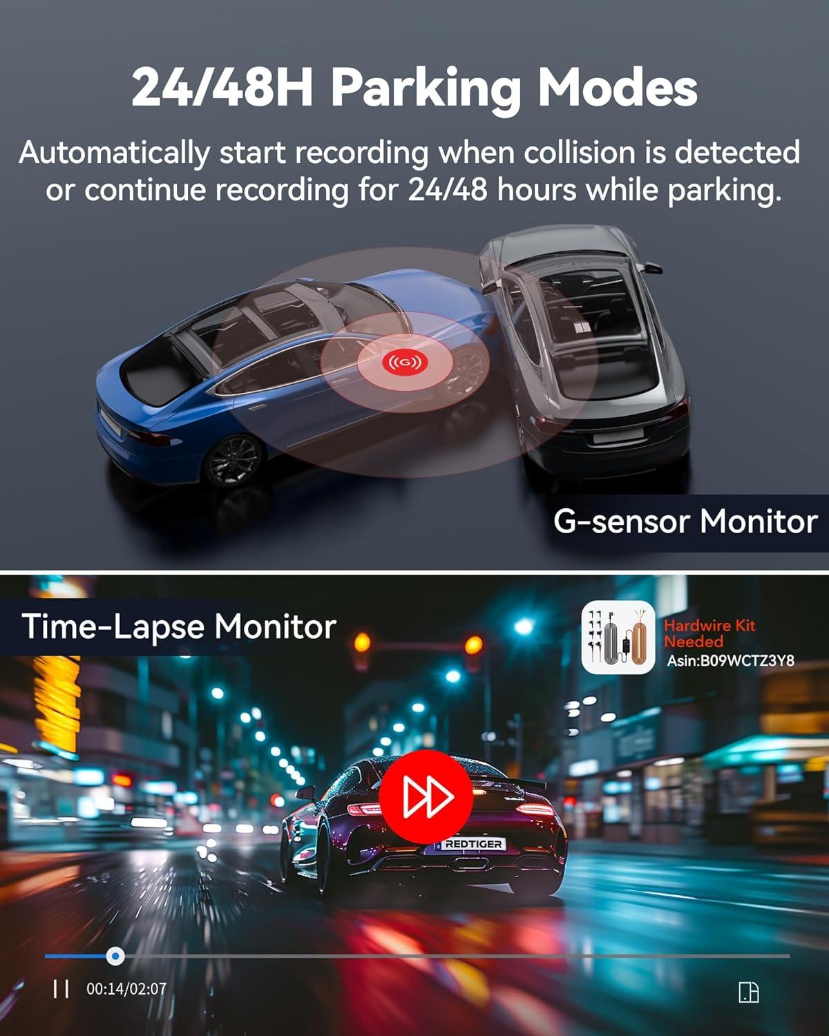 imageREDTIGER F9 Dash Cam 4K Front and Rear 1080P WiFi GPS Car Camera with 32GB Card Dual Dash Camera for Cars Loop Recording Night Vision Parking Mode Smart App Control Support 256GB Max