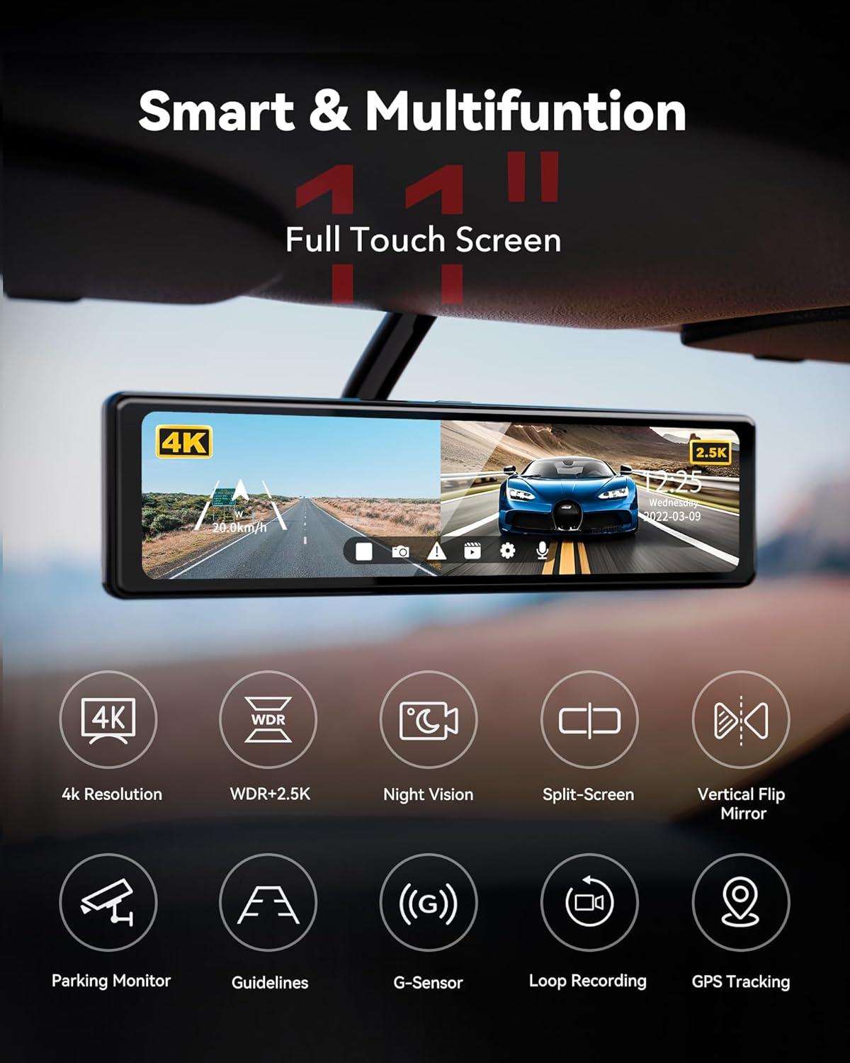 imageREDTIGER T27 Mirror Dash Cam Front and Rear 4K25K Rear View Mirror Camera 11quot UHD Touch Screen Rearview Mirror Backup Camera Night Vision GPS Reverse Assistance Parking Monitor 32GB Card