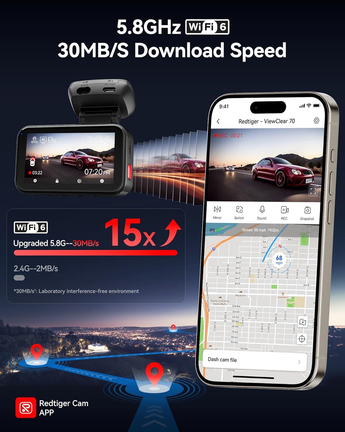 imageREDTIGER ViewClear 70 4K25K Dash Cam Front and Rear STARVIS 2 IMX678 x Wondrix Sensor Dual HDR Hyper Night Clarity 58GHz WiFi 6 30MBS Fast Download Dash Camera with 24H Parking Monitor