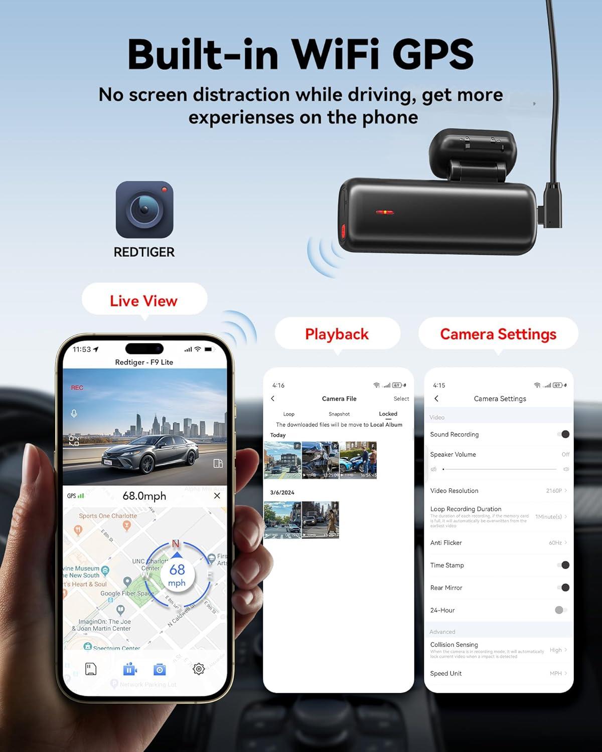 imageREDTIGER 4K Dash Cam Front ADAS Builtin WiFi GPS Mini Hidden Dash Camera for Cars with G Sensor 24H Parking Monitor Free 32GB Memory Card APP Control Loop Recording Night Vision F9 Lite