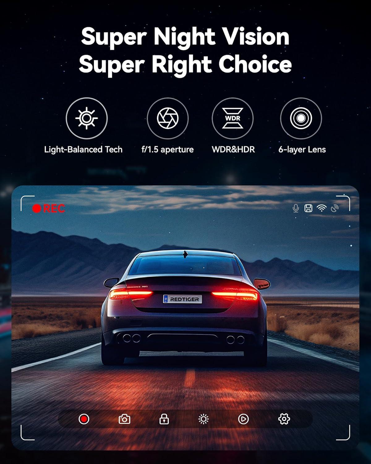 imageREDTIGER Dash Cam Front Rear 4K25K Full HD Dash Camera for Cars Included 32GB Card Builtin WiFi GPS 316 IPS Screen Night Vision 170Wide Angle WDR 24H Parking ModeF7NP