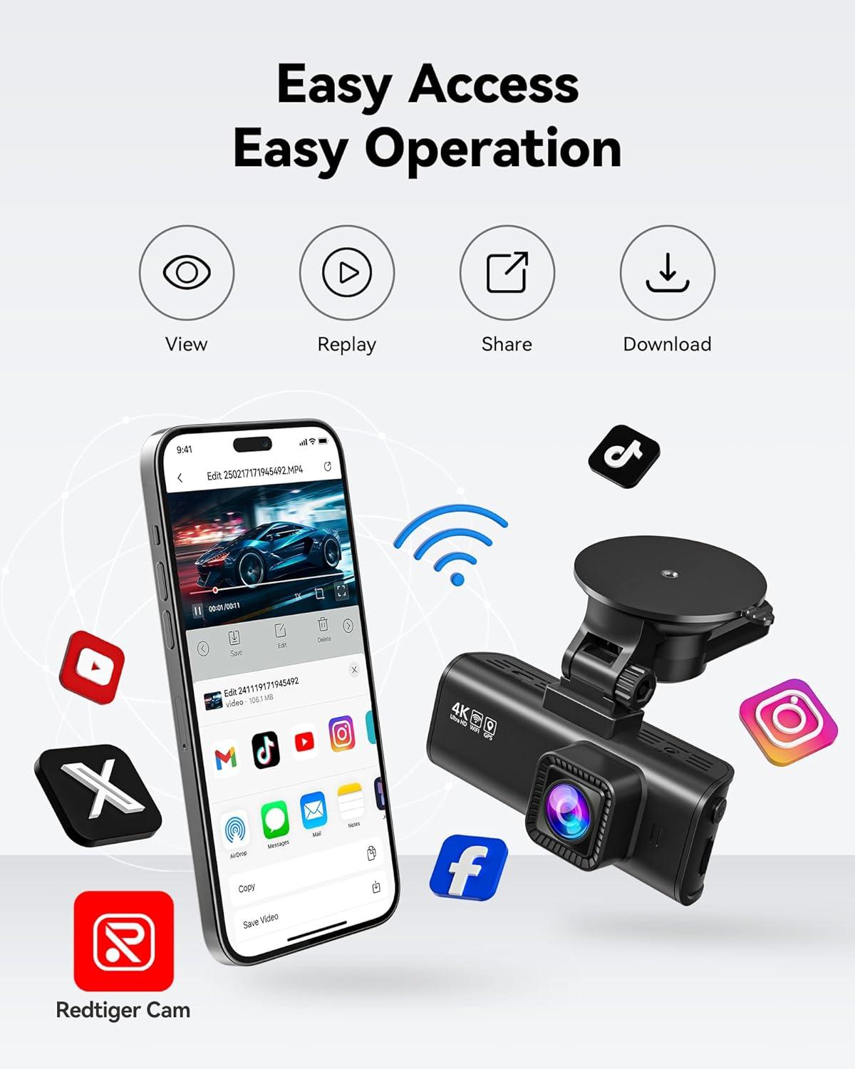 imageREDTIGER Dash Cam Front Rear 4K25K Full HD Dash Camera for Cars Included 32GB Card Builtin WiFi GPS 316 IPS Screen Night Vision 170Wide Angle WDR 24H Parking ModeF7NP