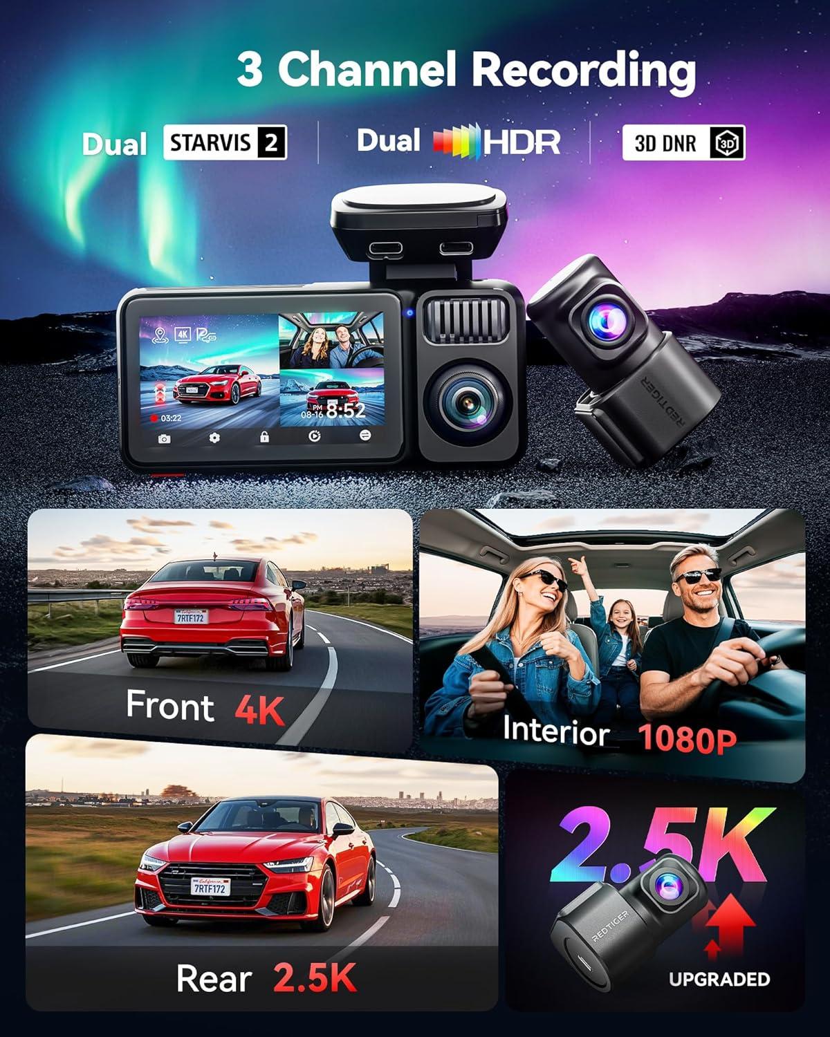 imageREDTIGER F17 Elite 4K 3 Channel Dash Cam STARVIS 2 IMX678 ampamp IMX675 128GB Card Full Night Color 4K25K1080P Front and Rear Inside Touch Screen Voice Control 5GHz WiFi 6 GPS HDR Parking Mode