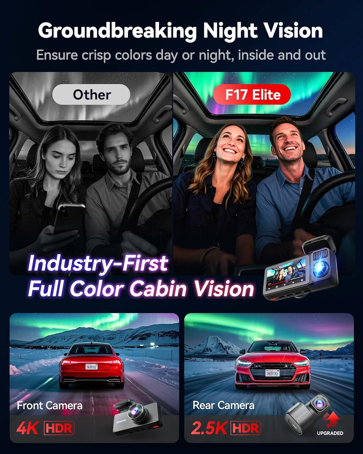 imageREDTIGER F17 Elite 4K 3 Channel Dash Cam STARVIS 2 IMX678 ampamp IMX675 128GB Card Full Night Color 4K25K1080P Front and Rear Inside Touch Screen Voice Control 5GHz WiFi 6 GPS HDR Parking Mode