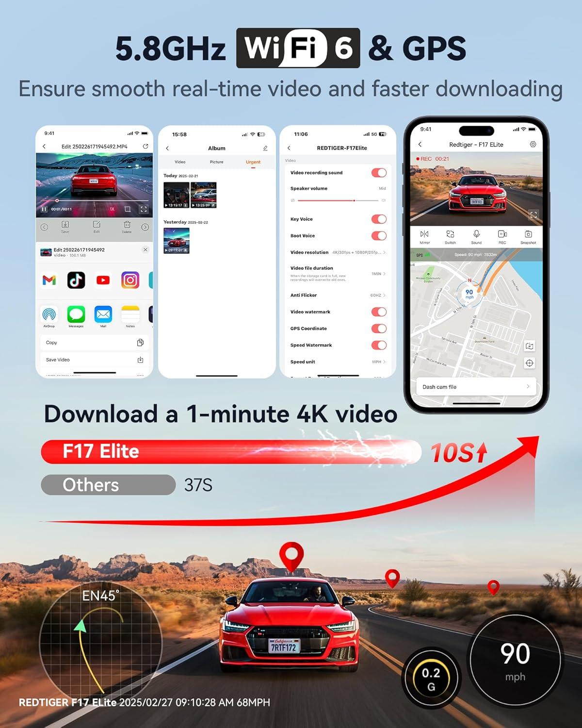 imageREDTIGER F17 Elite 4K 3 Channel Dash Cam STARVIS 2 IMX678 ampamp IMX675 128GB Card Full Night Color 4K25K1080P Front and Rear Inside Touch Screen Voice Control 5GHz WiFi 6 GPS HDR Parking Mode