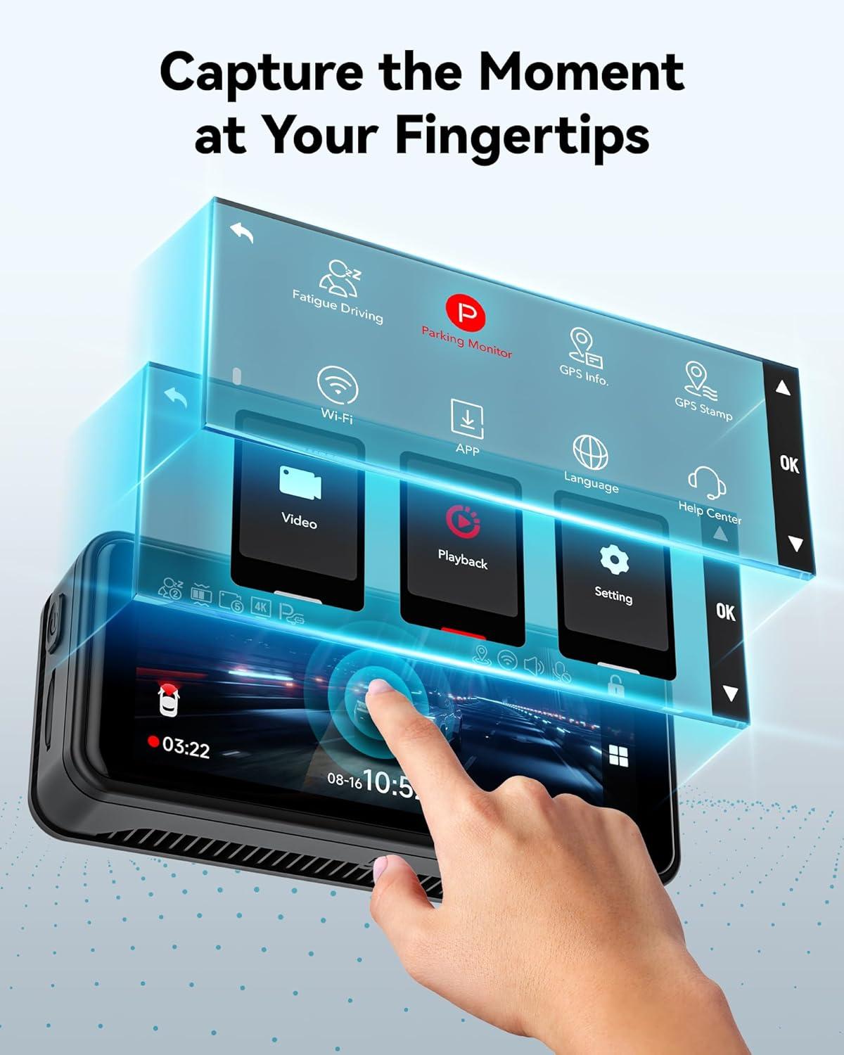 imageREDTIGER F8 4K Dash Cam 58GHz WiFi App Control Dash Camera for Cars 318 Touch Screen 2160P UHD Car Dash Cam with Night Vision 32GB Card Builtin GPS Parking Mode Supports 512GB Max