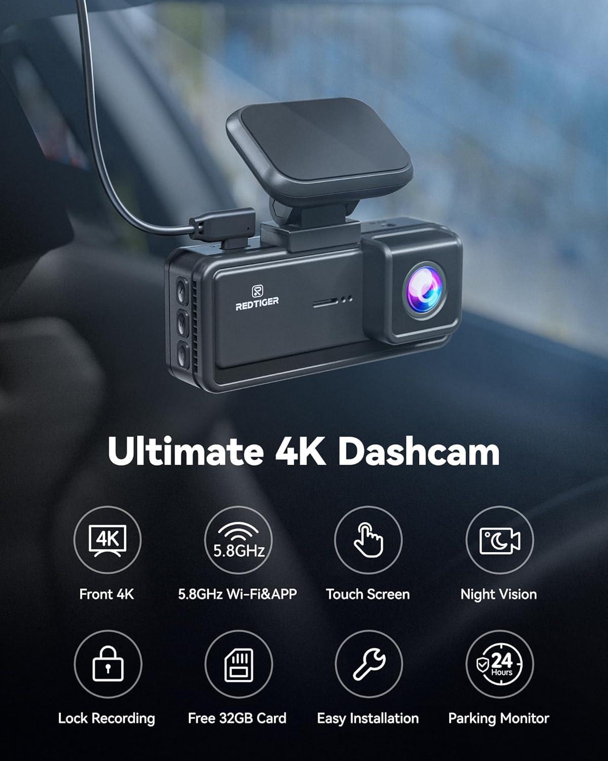 imageREDTIGER F8 4K Dash Cam 58GHz WiFi App Control Dash Camera for Cars 318 Touch Screen 2160P UHD Car Dash Cam with Night Vision 32GB Card Builtin GPS Parking Mode Supports 512GB Max