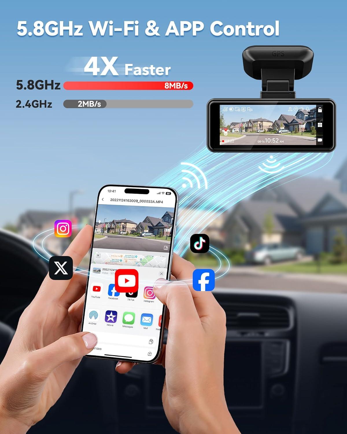 imageREDTIGER F8 4K Dash Cam 58GHz WiFi App Control Dash Camera for Cars 318 Touch Screen 2160P UHD Car Dash Cam with Night Vision 32GB Card Builtin GPS Parking Mode Supports 512GB Max