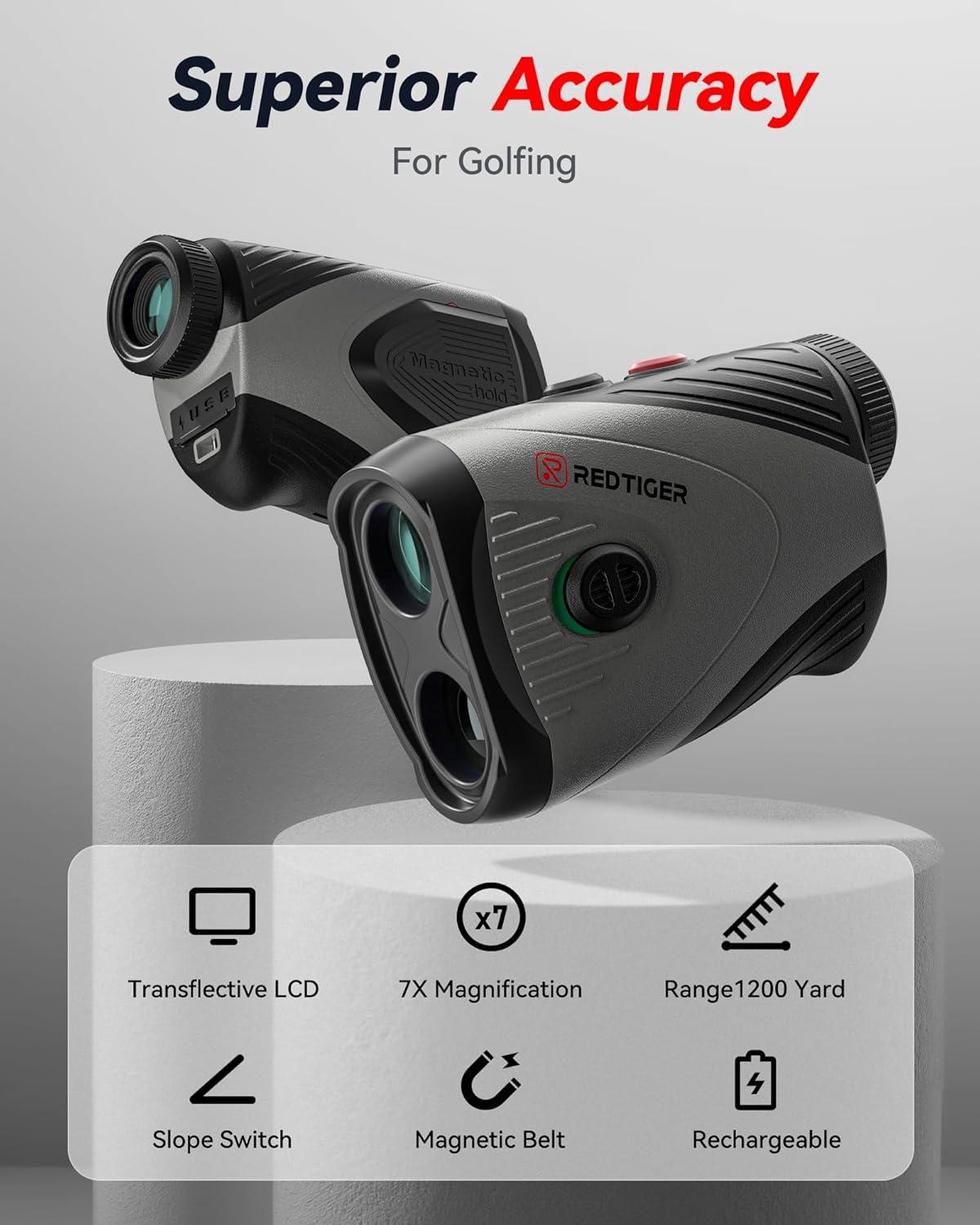 imageREDTIGER Golf Rangefinder 7X Magnification 1200 Yards Laser Range Finder with Slope Builtin Magnetic Bracket Flag Pole Locking VibrationRechargeable GolfVue Series 1 pro