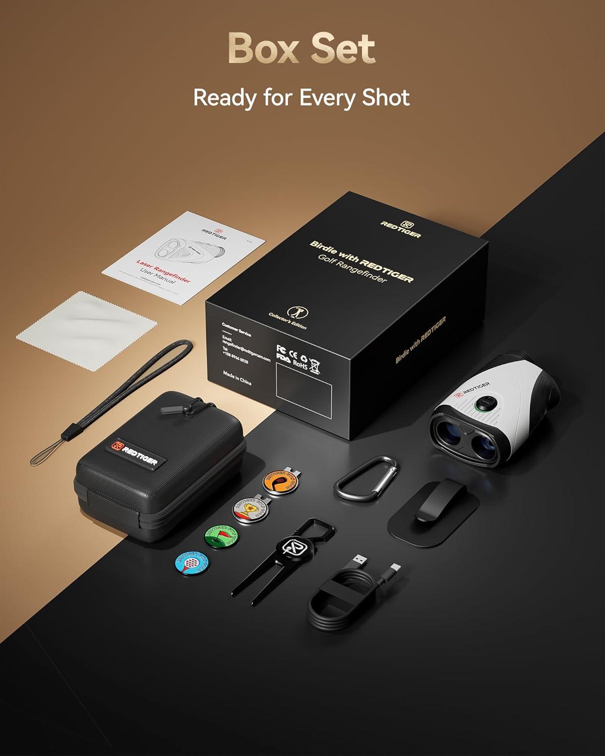 imageREDTIGER Golf Rangefinder Set 1200 Yards 7X Magnification Flag Lock Slope ampamp Vibration Rechargeable Range Finders with Magnet Stripe Divot Tool ampamp Ball Markers