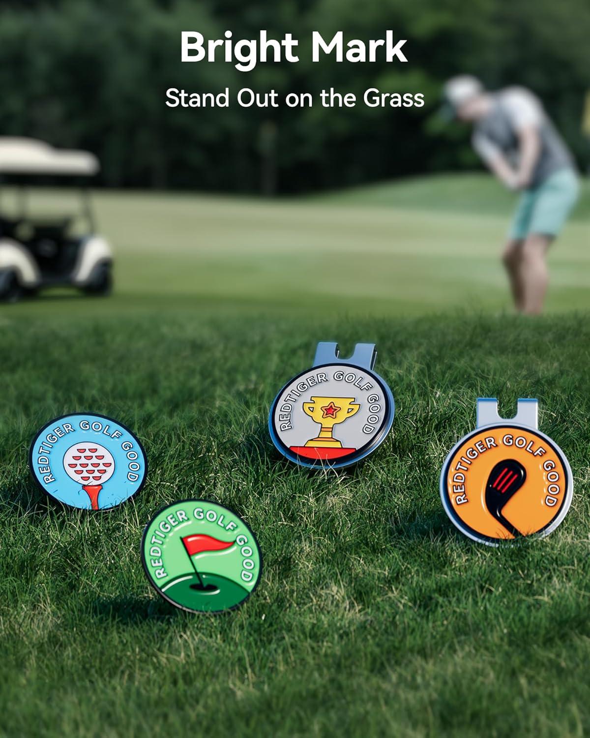 imageREDTIGER Magnetic Golf Ball Marker Set 4 Fun and Colorful Metal Magnetic Ball Markers with 2 Hat Clips Perfect for Golf Enthusiasts