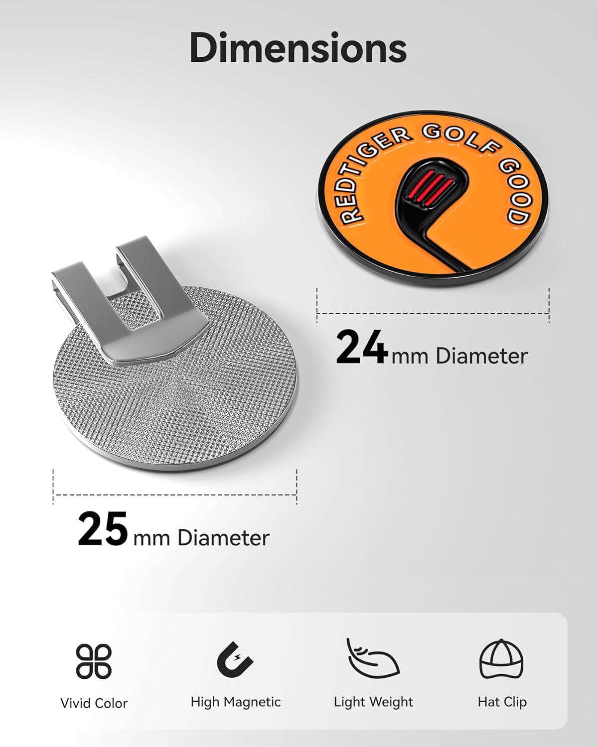 imageREDTIGER Magnetic Golf Ball Marker Set 4 Fun and Colorful Metal Magnetic Ball Markers with 2 Hat Clips Perfect for Golf Enthusiasts