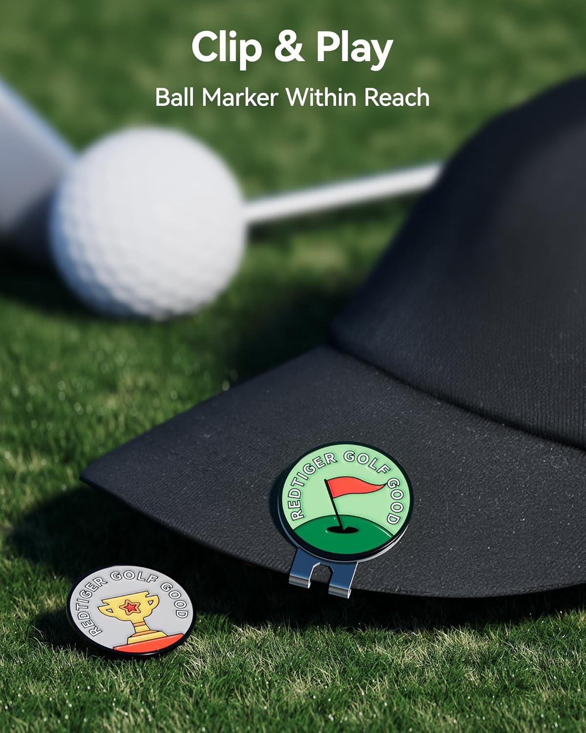 imageREDTIGER Magnetic Golf Ball Marker Set 4 Fun and Colorful Metal Magnetic Ball Markers with 2 Hat Clips Perfect for Golf Enthusiasts