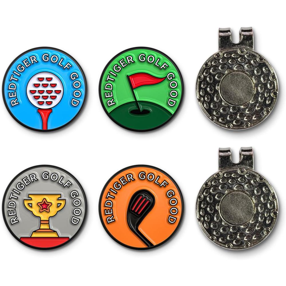 imageREDTIGER Magnetic Golf Ball Marker Set 4 Fun and Colorful Metal Magnetic Ball Markers with 2 Hat Clips Perfect for Golf Enthusiasts