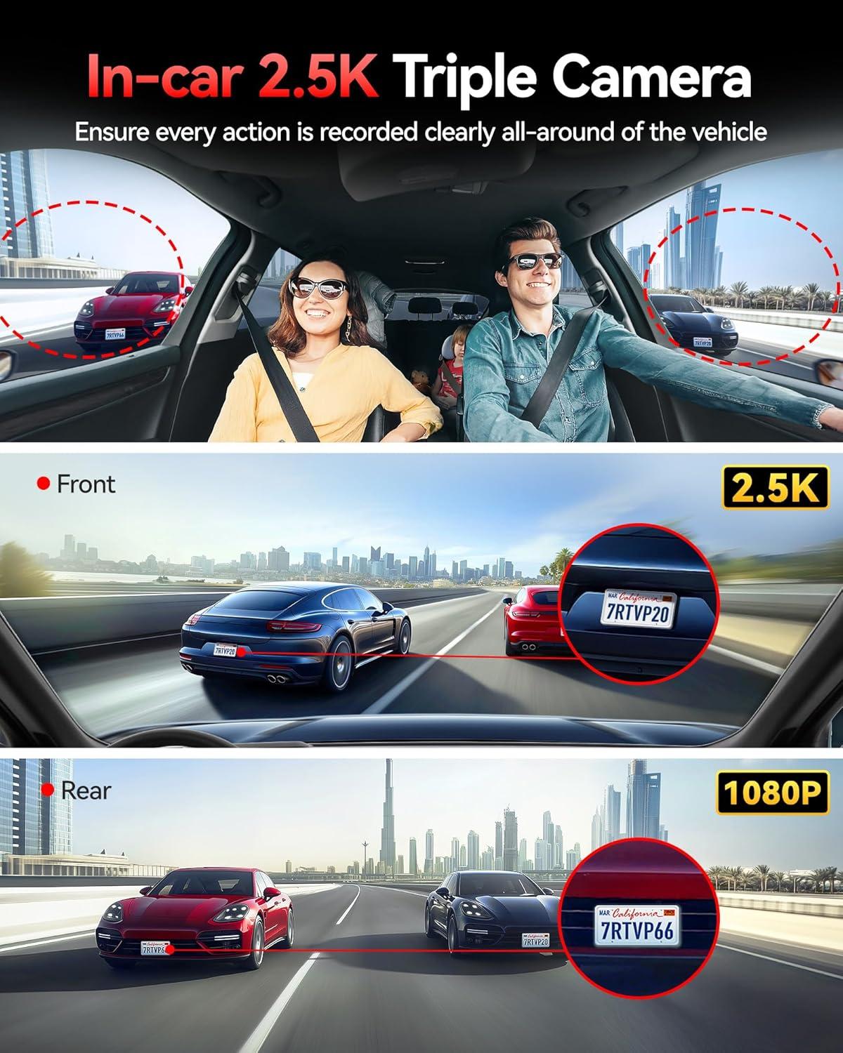 imageREDTIGER 530 AllRound 3 Channel Dash Cam 25K25K1080P Front Rear and Inside Triple Car Dash Camera include128GB Card Touch Screen IR Night Vision Builtin WiFi GPS Parking ModeVP20