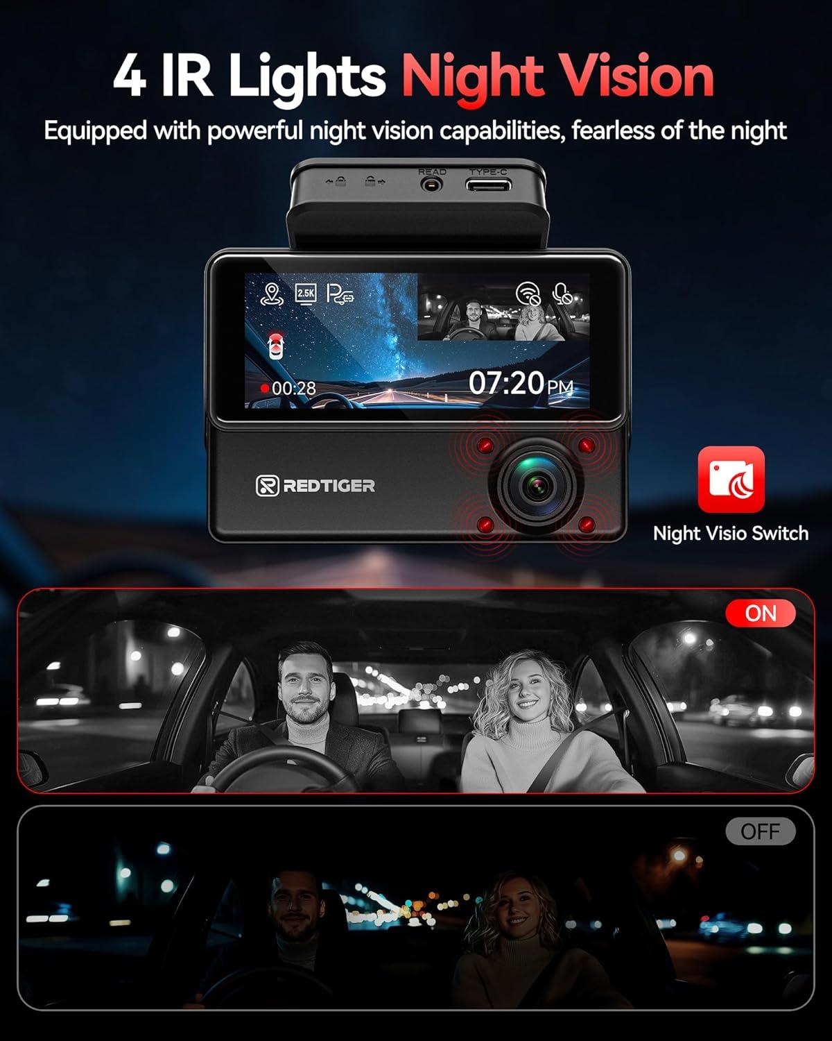 imageREDTIGER 530 AllRound 3 Channel Dash Cam 25K25K1080P Front Rear and Inside Triple Car Dash Camera include128GB Card Touch Screen IR Night Vision Builtin WiFi GPS Parking ModeVP20