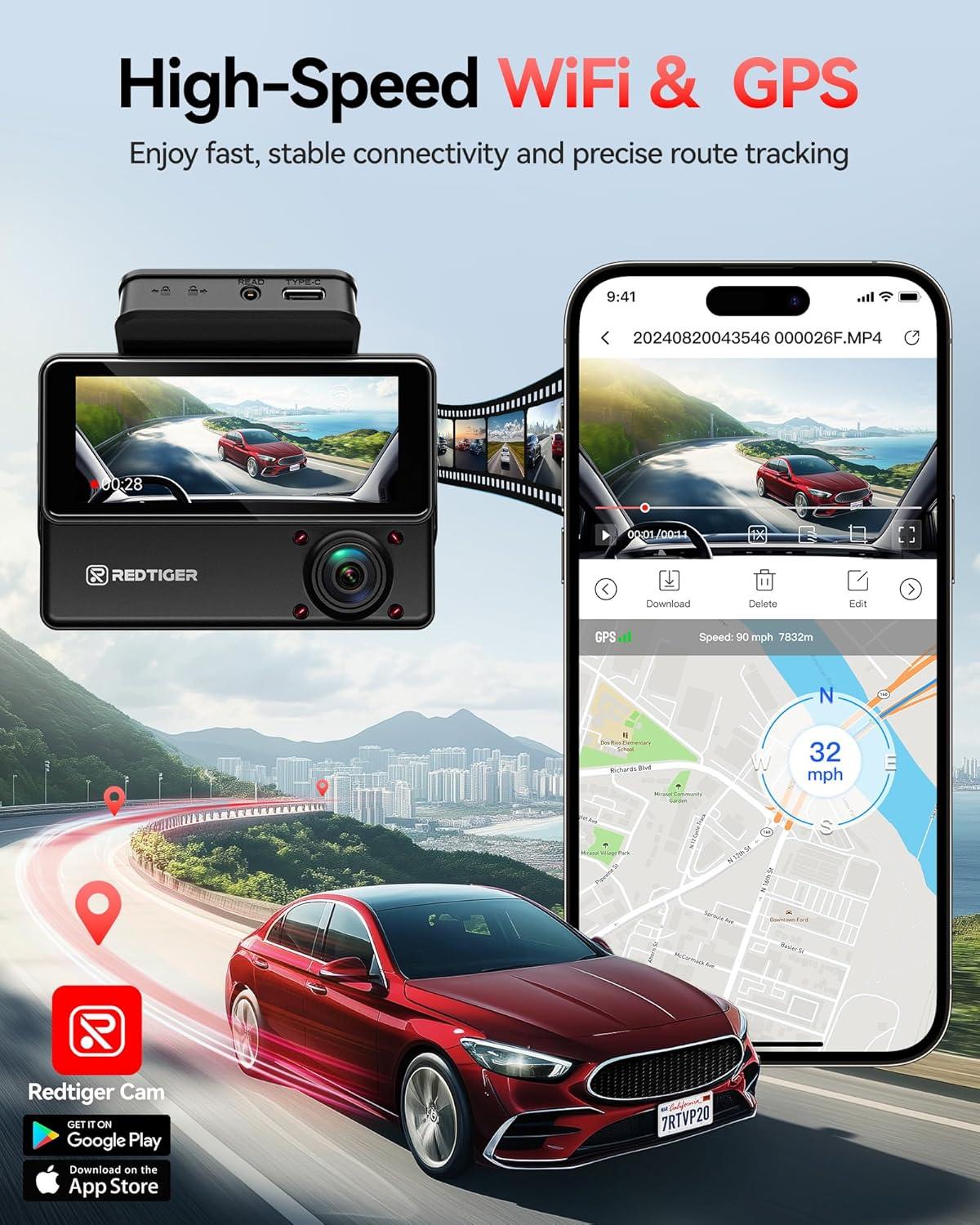 imageREDTIGER 530 AllRound 3 Channel Dash Cam 25K25K1080P Front Rear and Inside Triple Car Dash Camera include128GB Card Touch Screen IR Night Vision Builtin WiFi GPS Parking ModeVP20