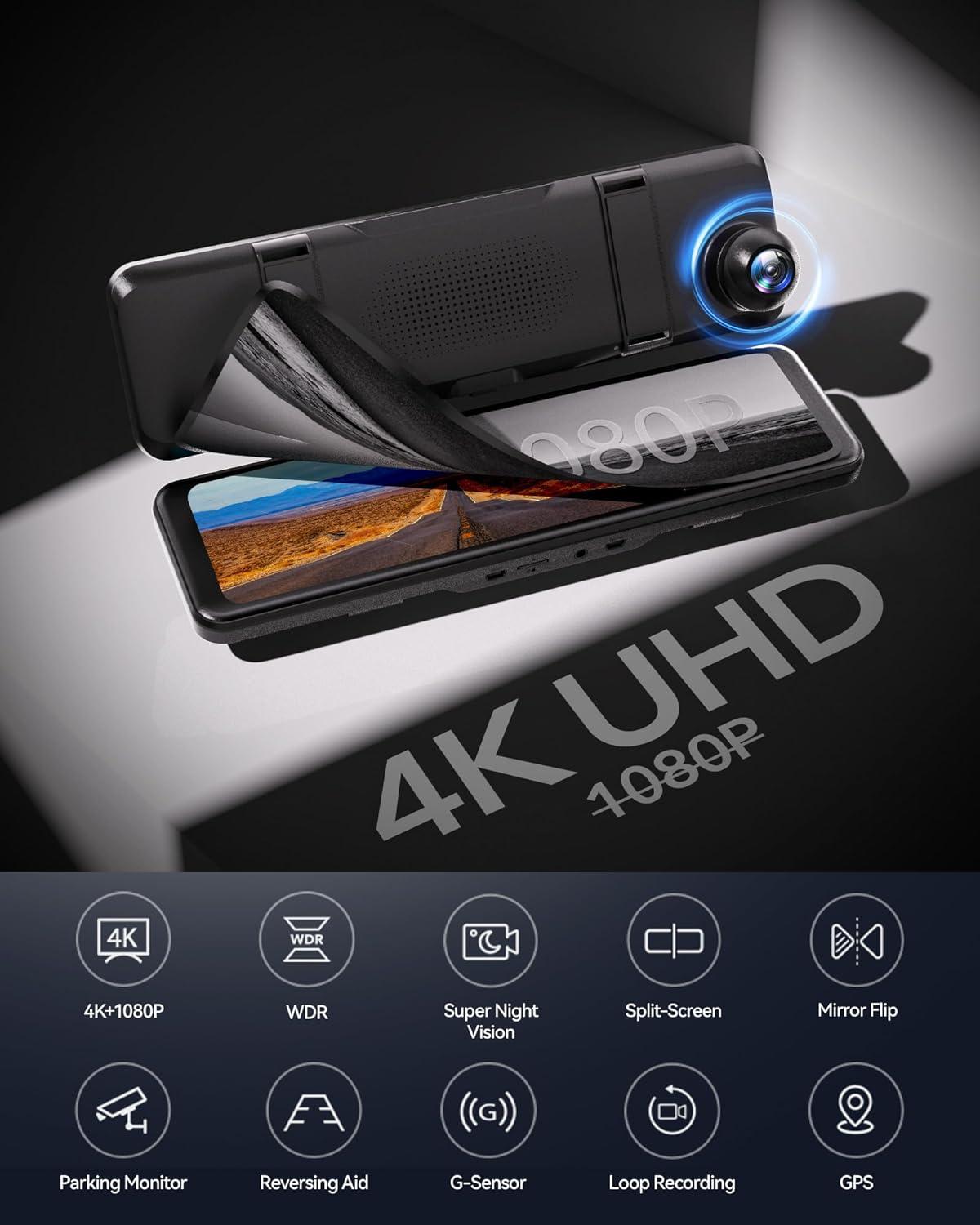 imageREDTIGER T700 Rear View Mirror Camera 11 4K UHD Front and 1080P Mirror Dash Cam Front and Rear GPSParking MonitorNight VisionSmart Reverse Parking AssistanceTouch Screen 32 GB Card