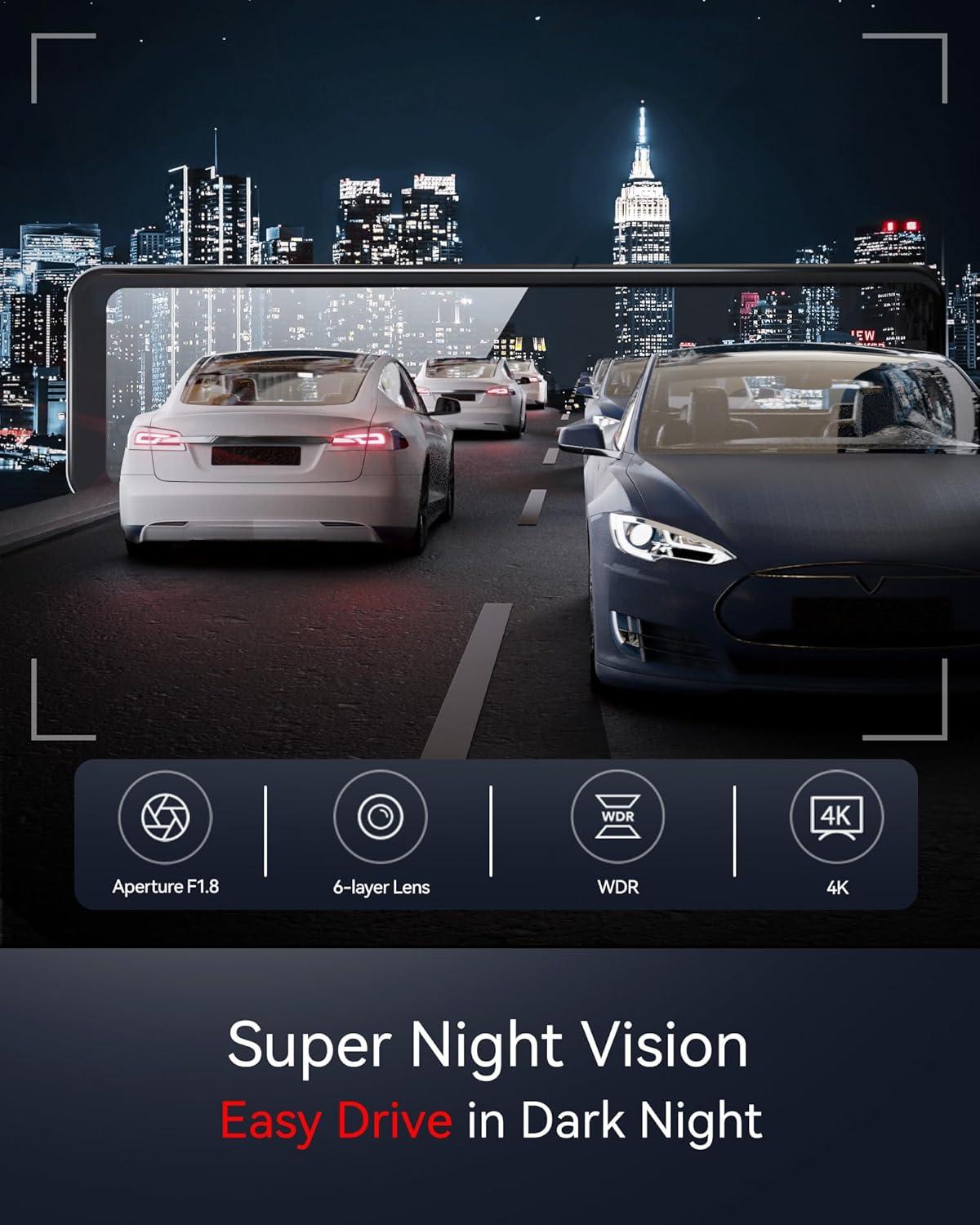 imageREDTIGER T700 Rear View Mirror Camera 11 4K UHD Front and 1080P Mirror Dash Cam Front and Rear GPSParking MonitorNight VisionSmart Reverse Parking AssistanceTouch Screen 32 GB Card