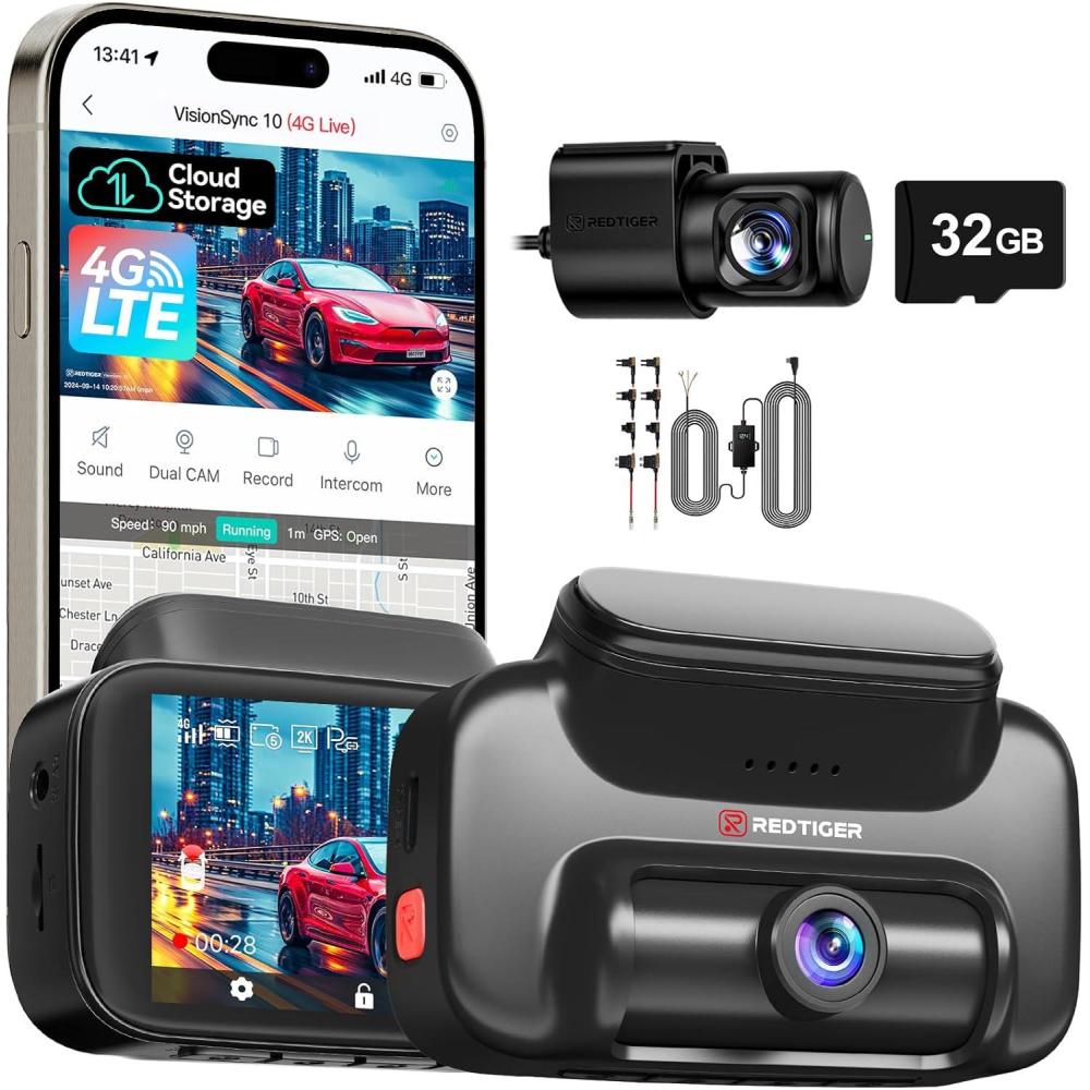 imageREDTIGER 4G LTE Dash Cam Front and RearRemote Live Stream 30Day Cloud Storage 25K  1080P Emergency Alert GPS Builtin SIM ATampampT Parking Monitor 32GB Card ampamp Hardwire Kit Included VS10