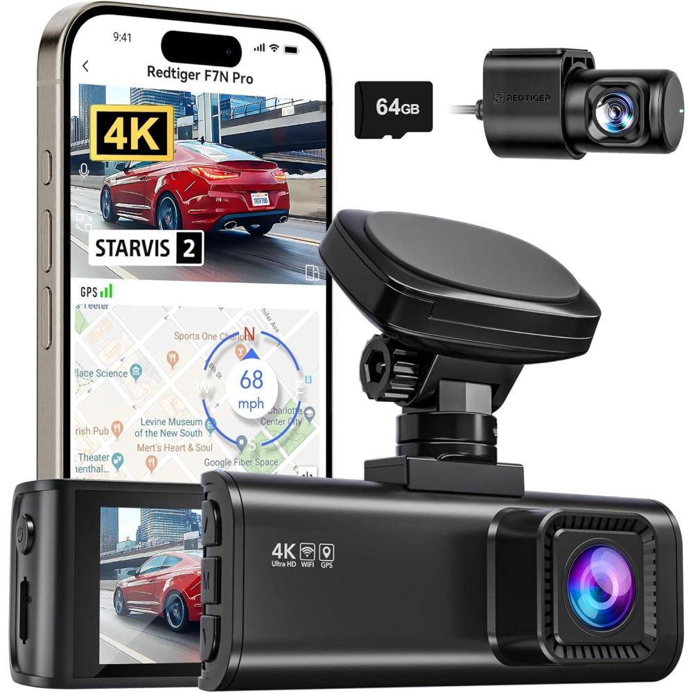 imageREDTIGER 4K Dash Cam Front and Rear STARVIS 2 Sensor 64GB Card Included 4K25K1080P Dual Dash Camera for Cars Builtin WiFi GPS 318 Inch IPS Screen 170 Wide Angle Parking Monitor F7N Pro