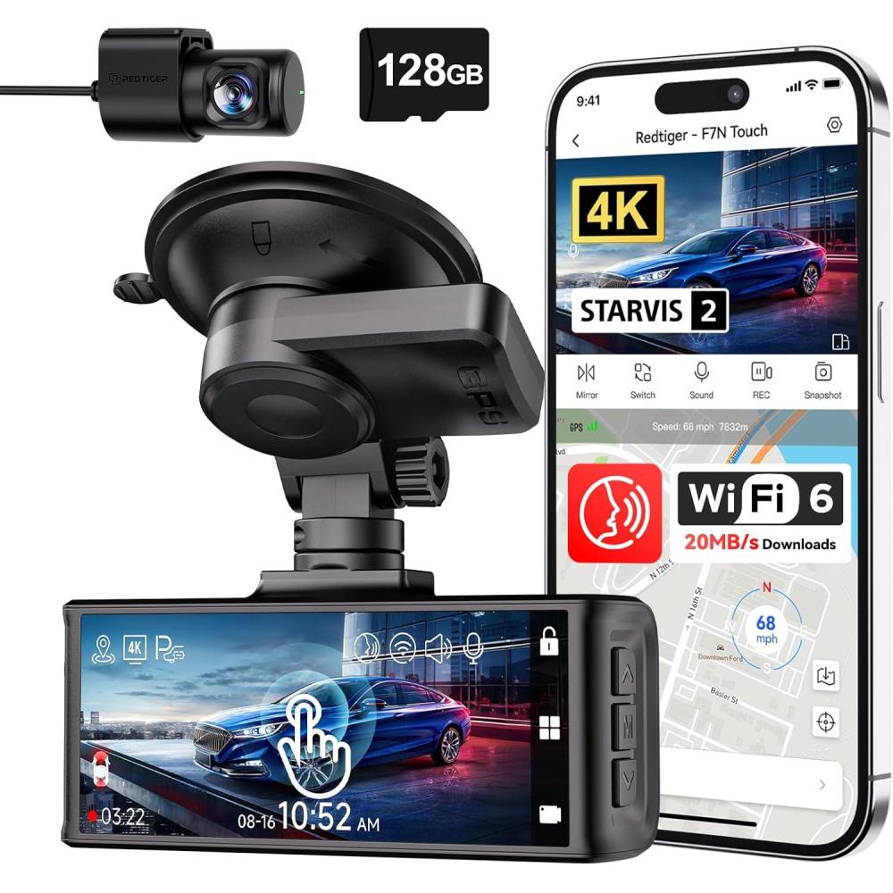 imageREDTIGER 4K Dash Cam Front and Rear STARVIS 2 Sensor Touch Screen 318quot 128GB Card Included Voice Control 58GHz WiFi Car Dash Camera GPS Night Vision Emergency Lock Parking Mode F7N Touch