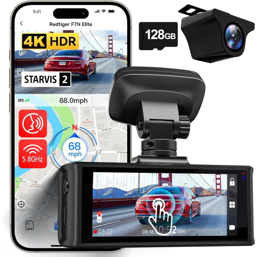 imageREDTIGER 4K HDR Dash Cam Front and Rear STARVIS 2 Sensor 58GHz WiFi APP 318quot Touchscreen Voice Control 128G Card Included WDR Dash Camera for Cars with GPS 24H Parking ModeF7N Elite