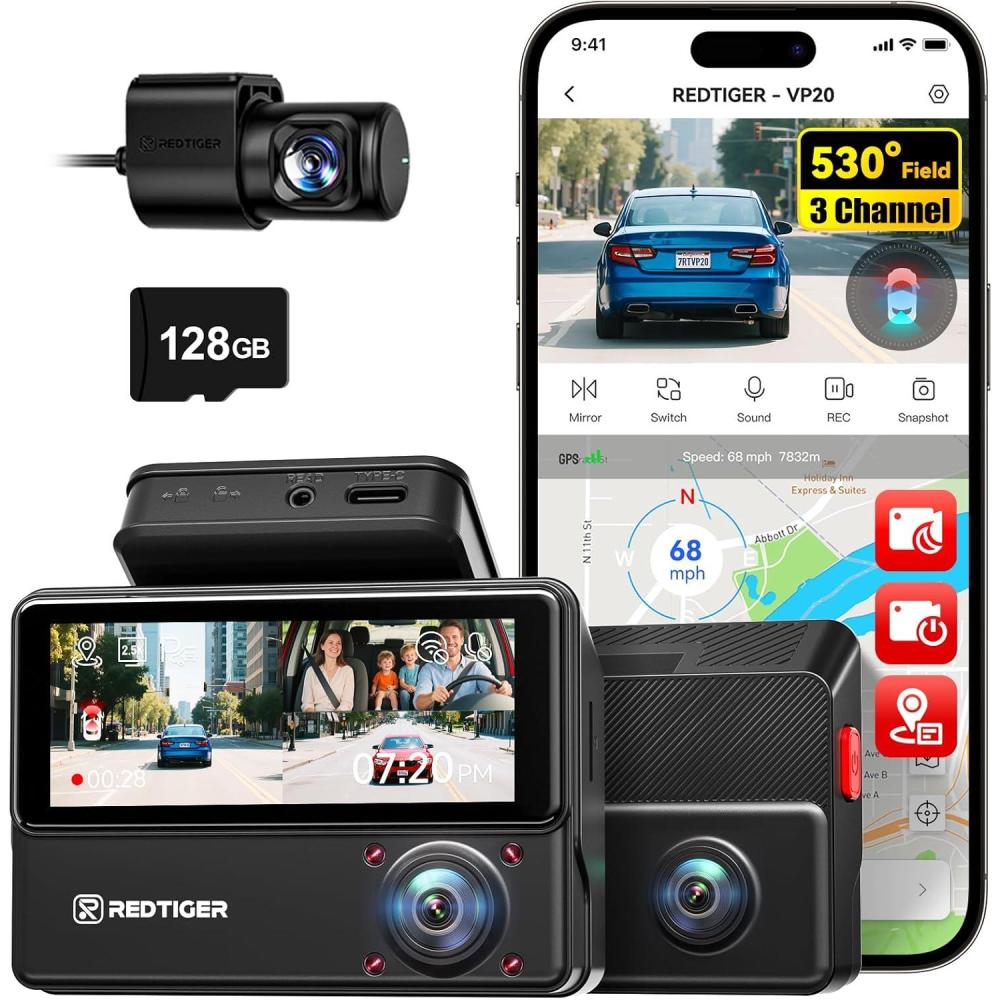 imageREDTIGER 530 Dash Cam 3 Channel 25K25K1080P Triple Car Camera with 128GB Card IR Night Vision Touch Screen Dashcam for Front Inside Rear Included WiFi GPS 24H Parking Mode