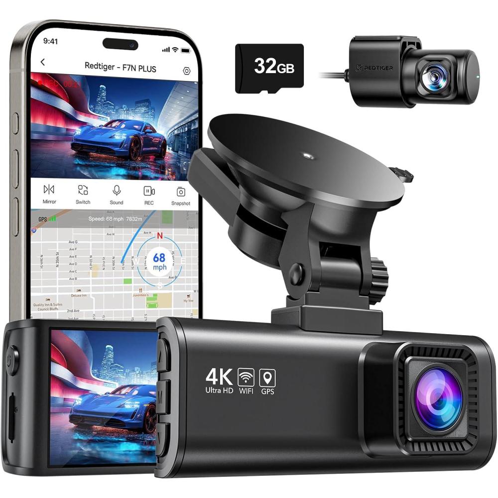 imageREDTIGER Dash Cam Front Rear 4K25K Full HD Dash Camera for Cars Included 32GB Card Builtin WiFi GPS 316 IPS Screen Night Vision 170Wide Angle WDR 24H Parking ModeF7NP