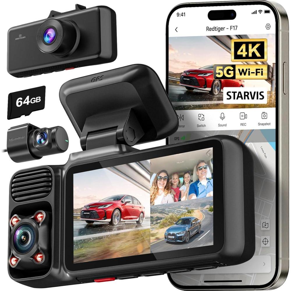 imageREDTIGER F17 4K 3 Channel Dash Cam 5GHz WiFi Builtin GPS with 64GB Card 2160P1080P1080P Front and Rear Inside Triple Car Camera with 3 Inch Screen IR Night Vision G Sensor WDR Parking Mode