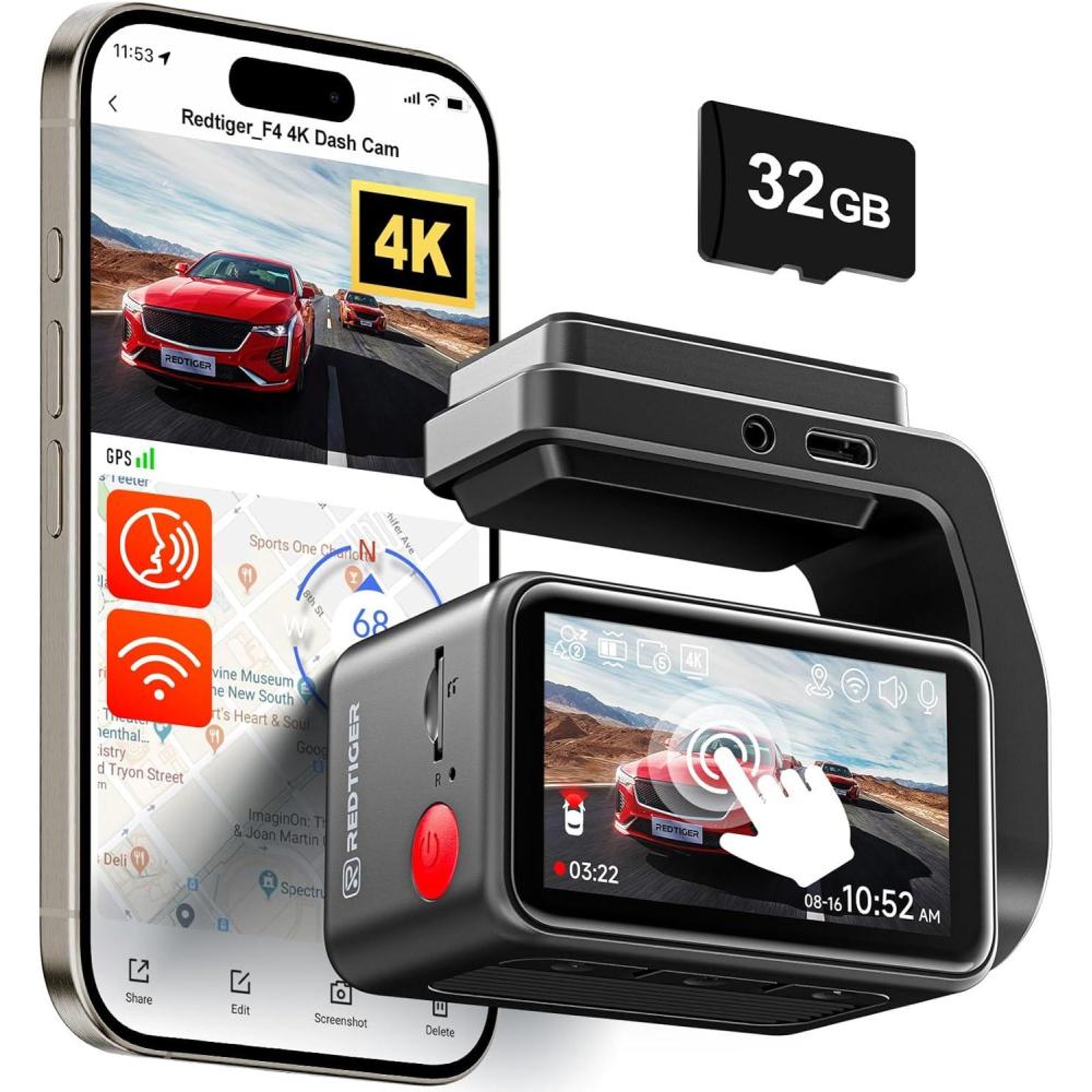 imageREDTIGER F4 4K Dash Cam Front 22 inch Mini Car Camera 2160P UHD Touch Screen Voice Control Included 32GB Card Night Vision Builtin GPS WiFi APP Control Loop Recording 24H Parking Monitor