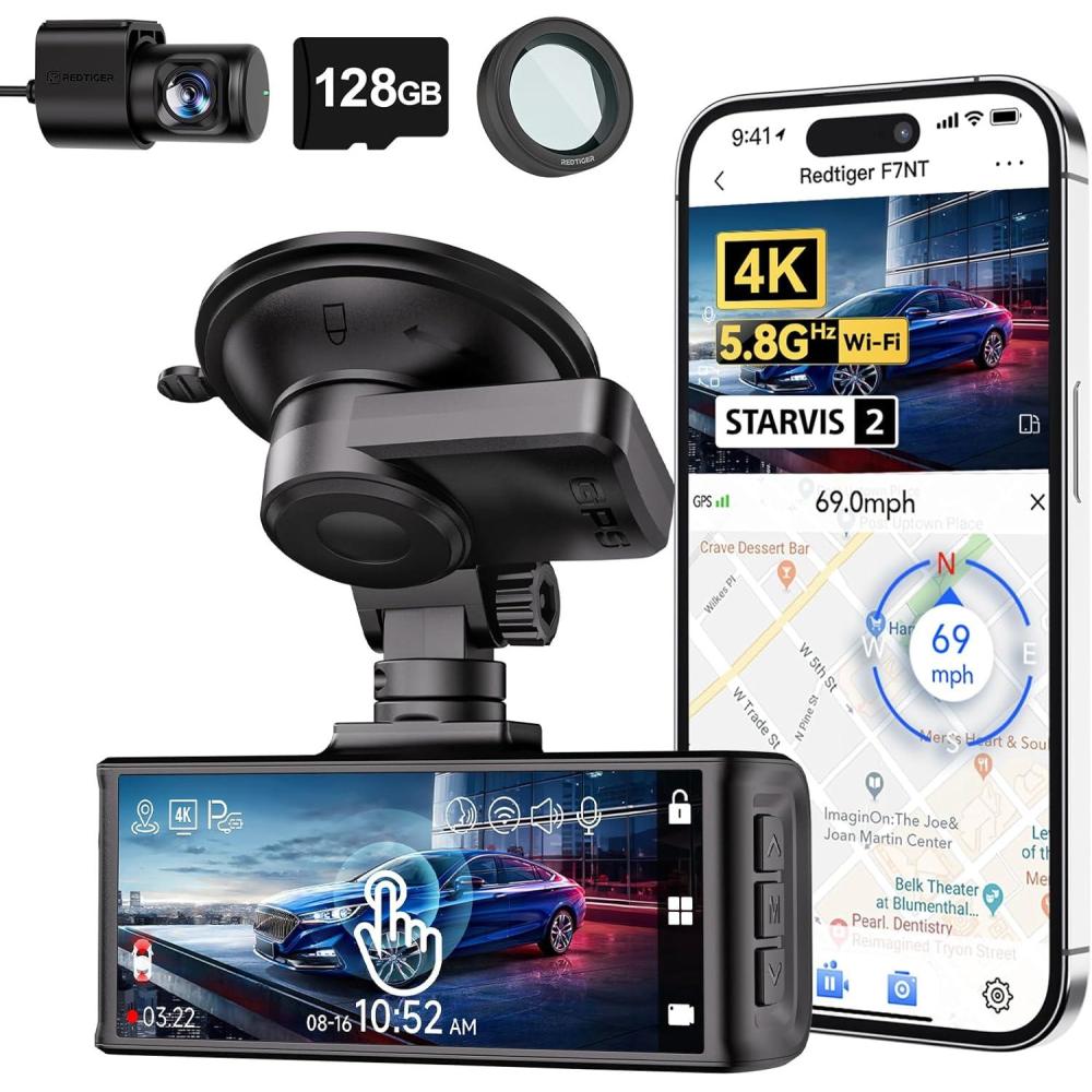 imageREDTIGER F7N Touch ampamp Circular Polarizing Lens 4K Dash Cam Front and Rear STARVIS 2 Sensor Touch Screen 318quot 128GB Card Included Voice Control 58GHz WiFi Car Dash Camera GPS Night Vision