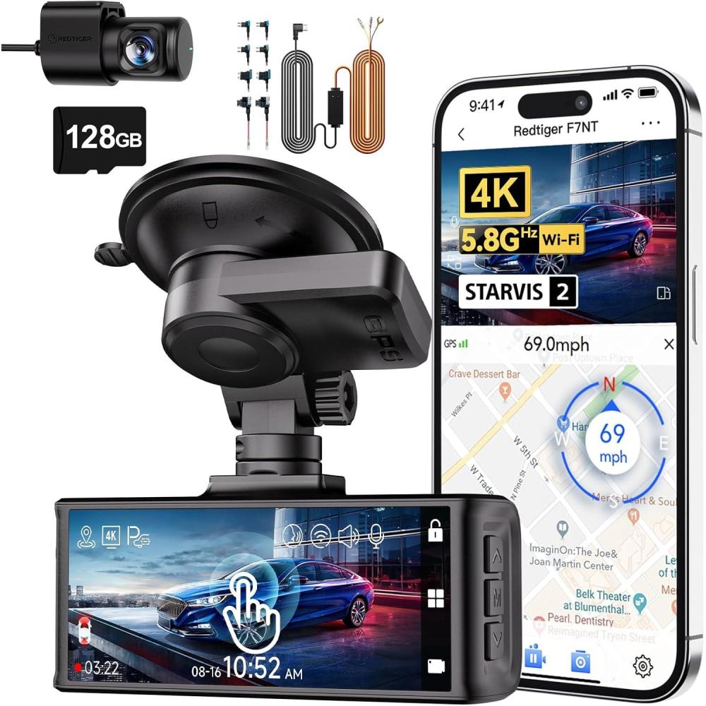 imageREDTIGER F7N Touch ampamp MultiSize Hardwire Kit 4K Dash Cam Front and Rear STARVIS 2 Sensor Touch Screen 318quot 128GB Card Included Voice Control 58GHz WiFi Car Dash Camera GPS Night Vision