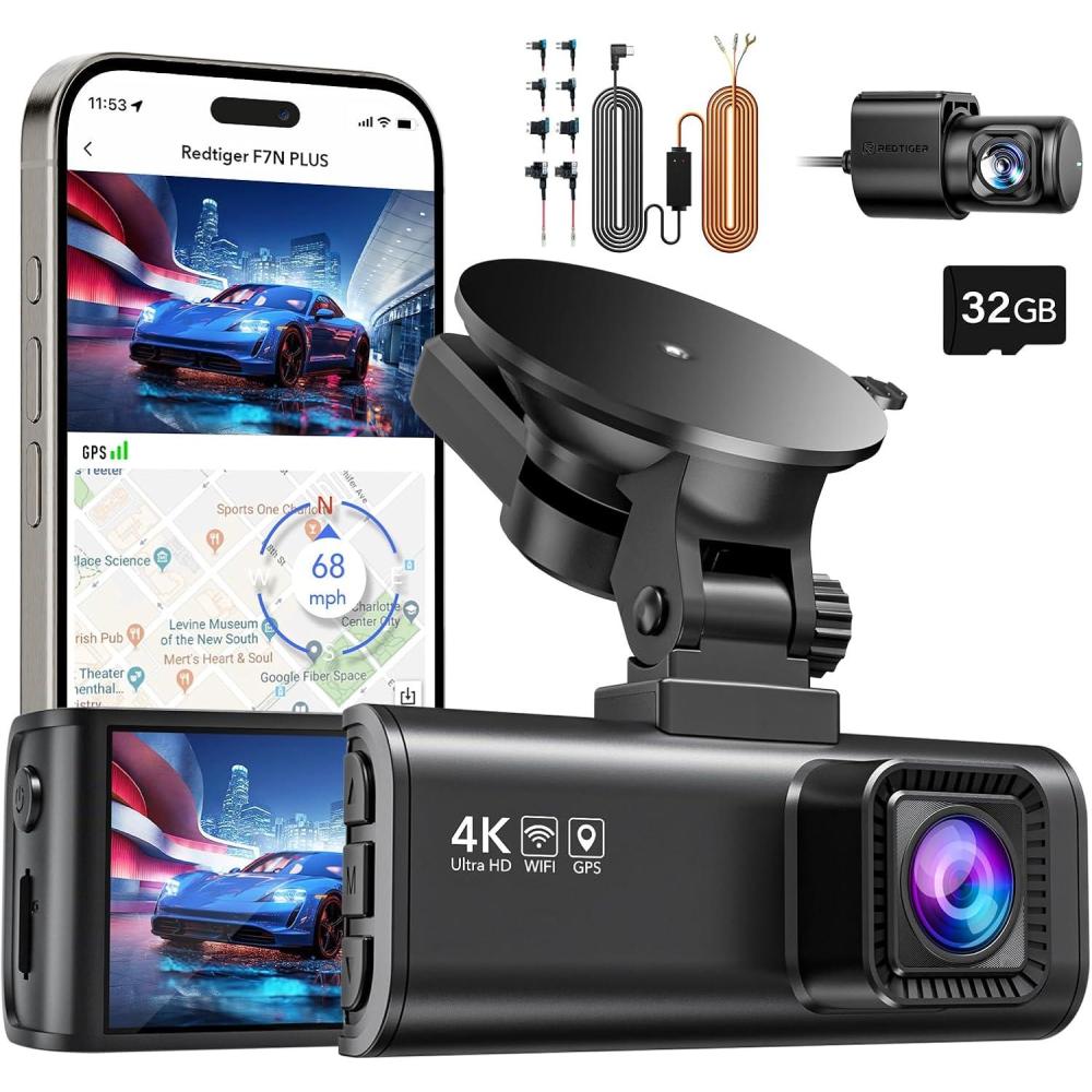 imageREDTIGER F7NP ampamp Dual Indicator Light Hardwire Kit 4K25K Full HD Dash Camera for Cars Included 32GB Card Builtin WiFi GPS 316 IPS Screen Night Vision 170Wide Angle