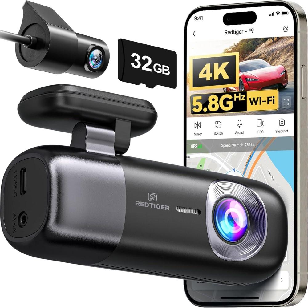 imageREDTIGER F9 Dash Cam 4K Front and Rear 1080P WiFi GPS Car Camera with 32GB Card Dual Dash Camera for Cars Loop Recording Night Vision Parking Mode Smart App Control Support 256GB Max